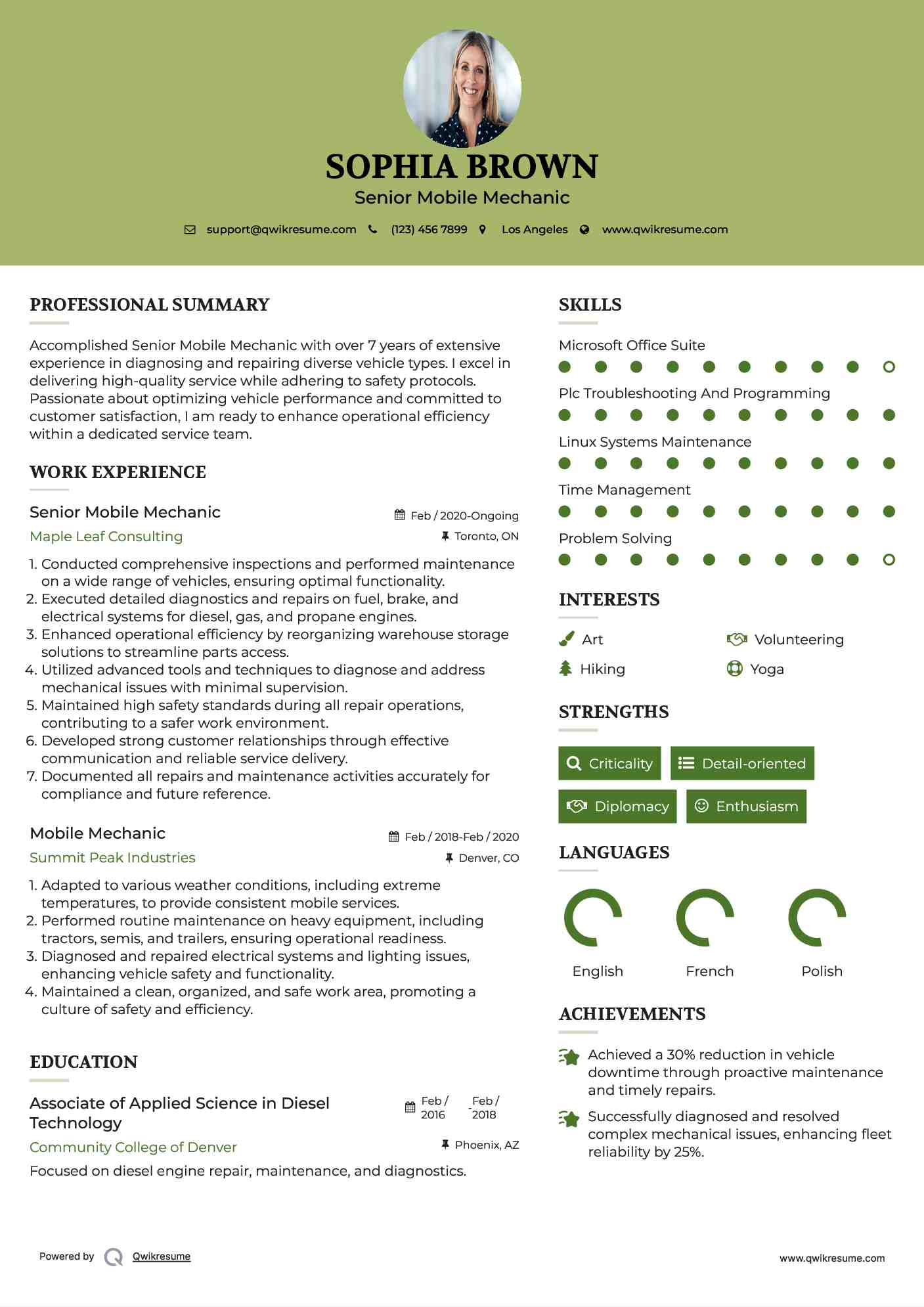 Senior Mobile Mechanic Resume Example