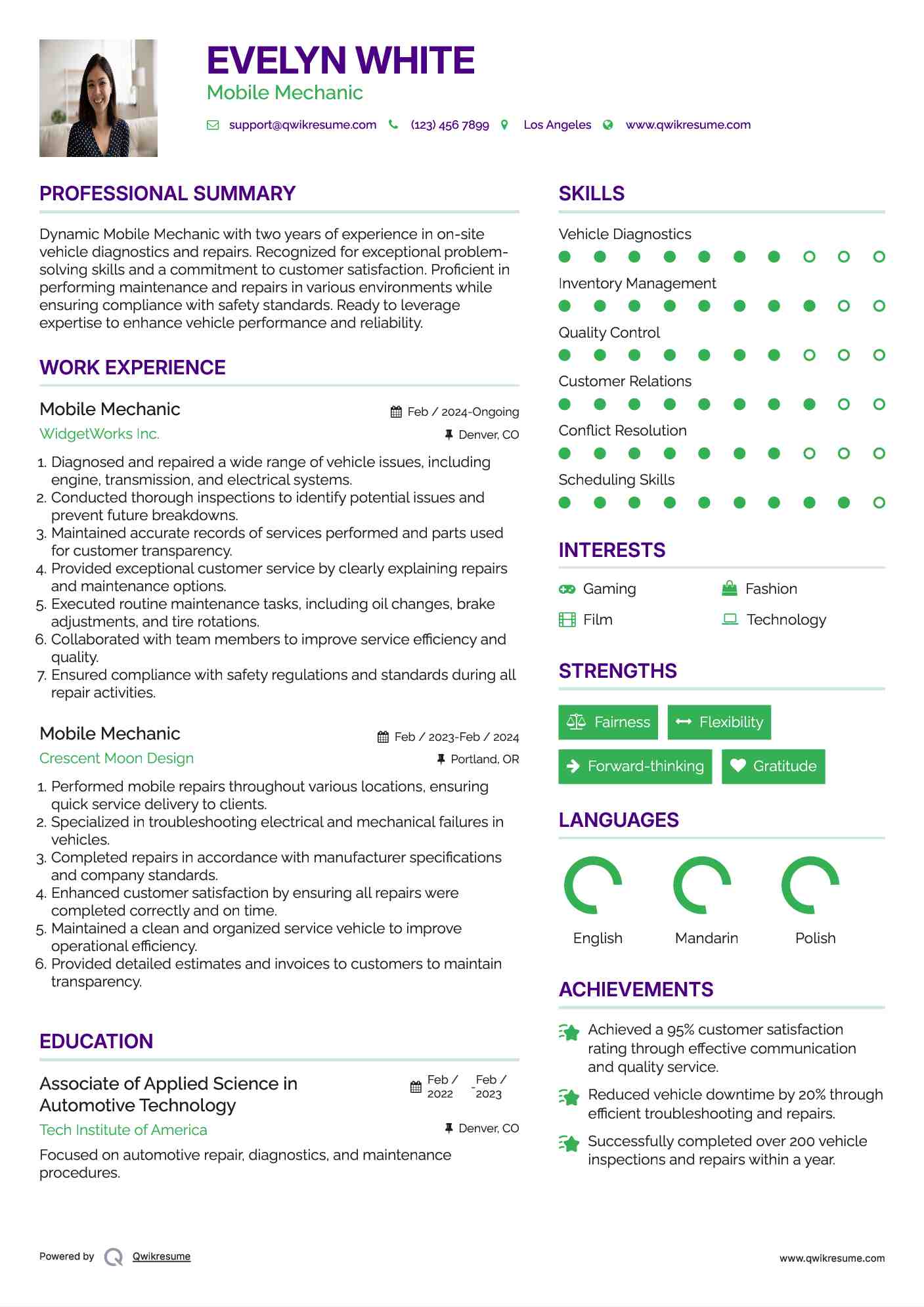 Mobile Mechanic Resume Model