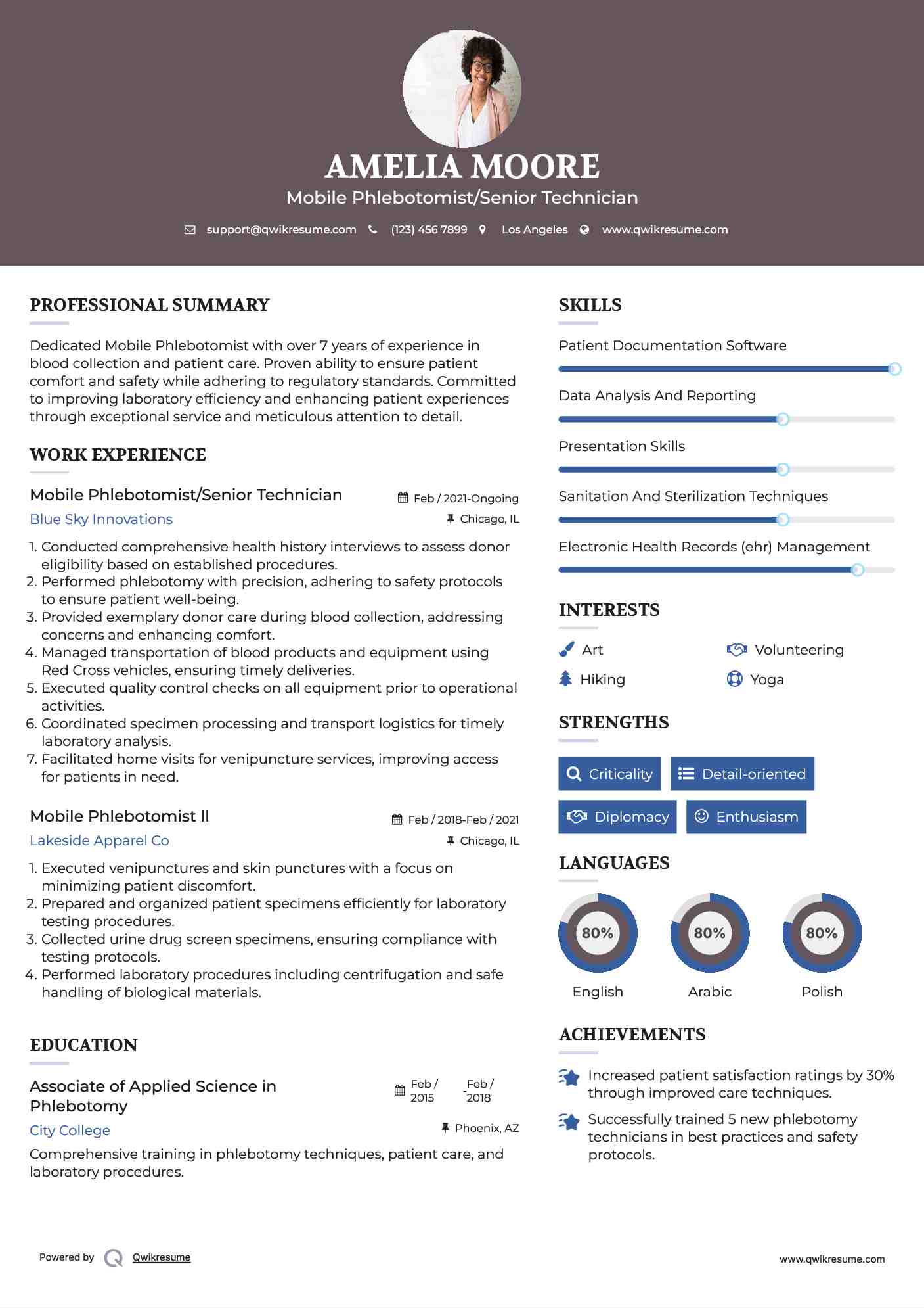 Mobile Phlebotomist/Senior Technician Resume Sample