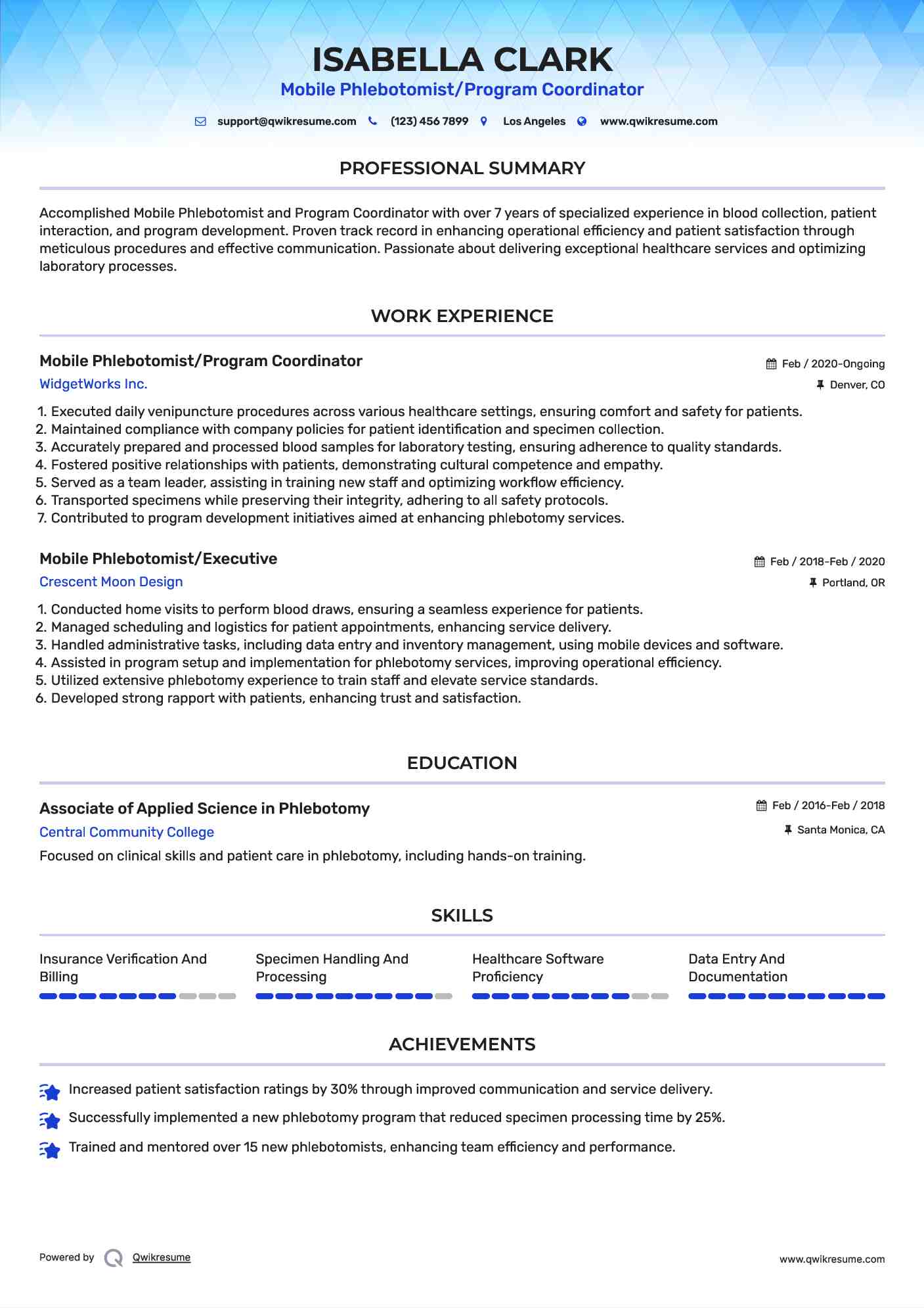 Mobile Phlebotomist/Program Coordinator Resume Sample