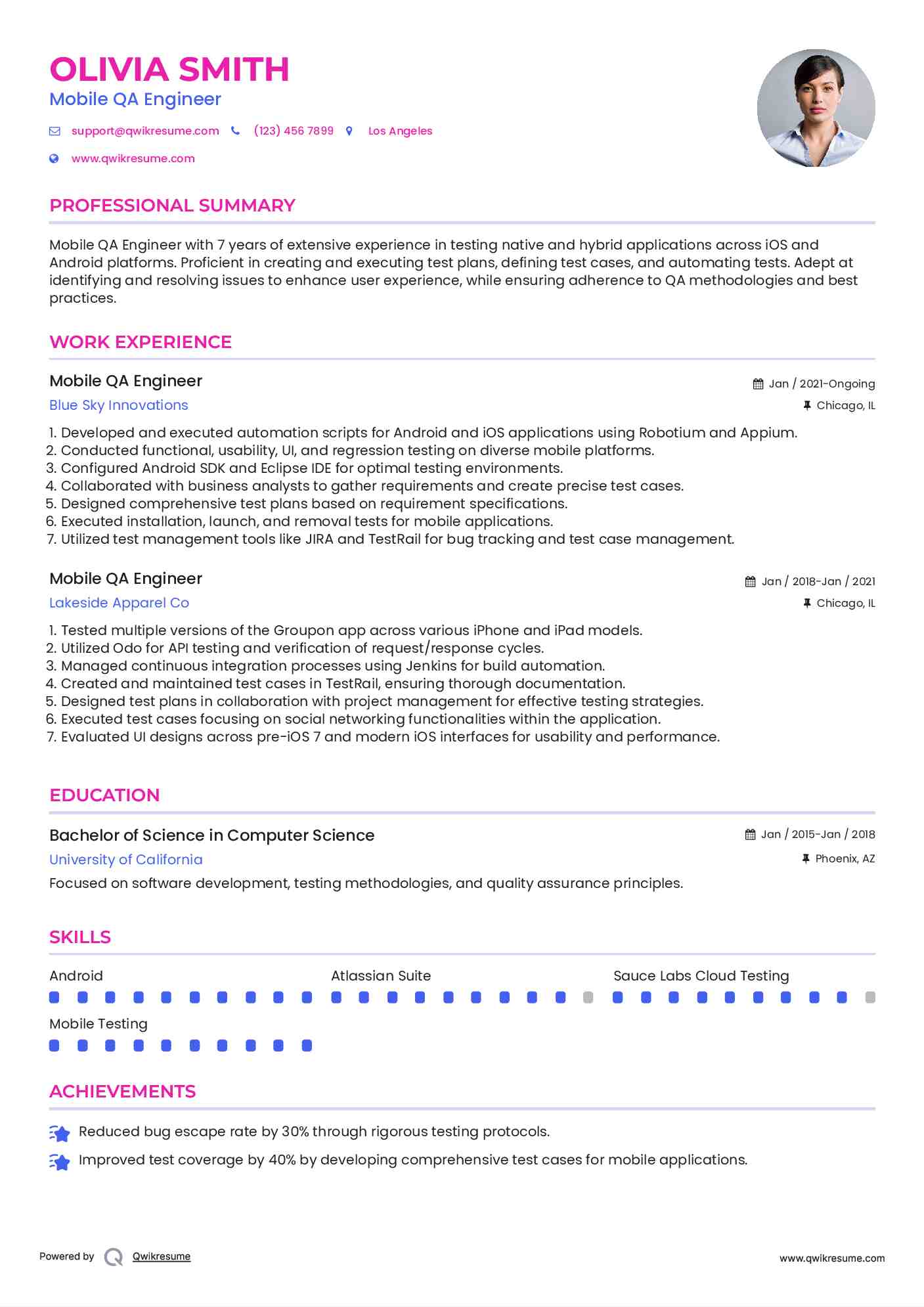 Mobile QA Engineer Resume Template