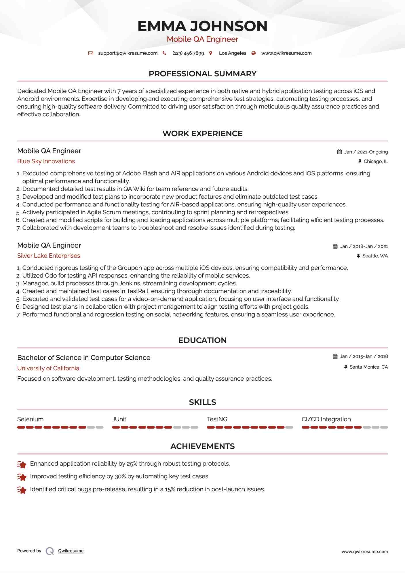 Mobile QA Engineer Resume Example