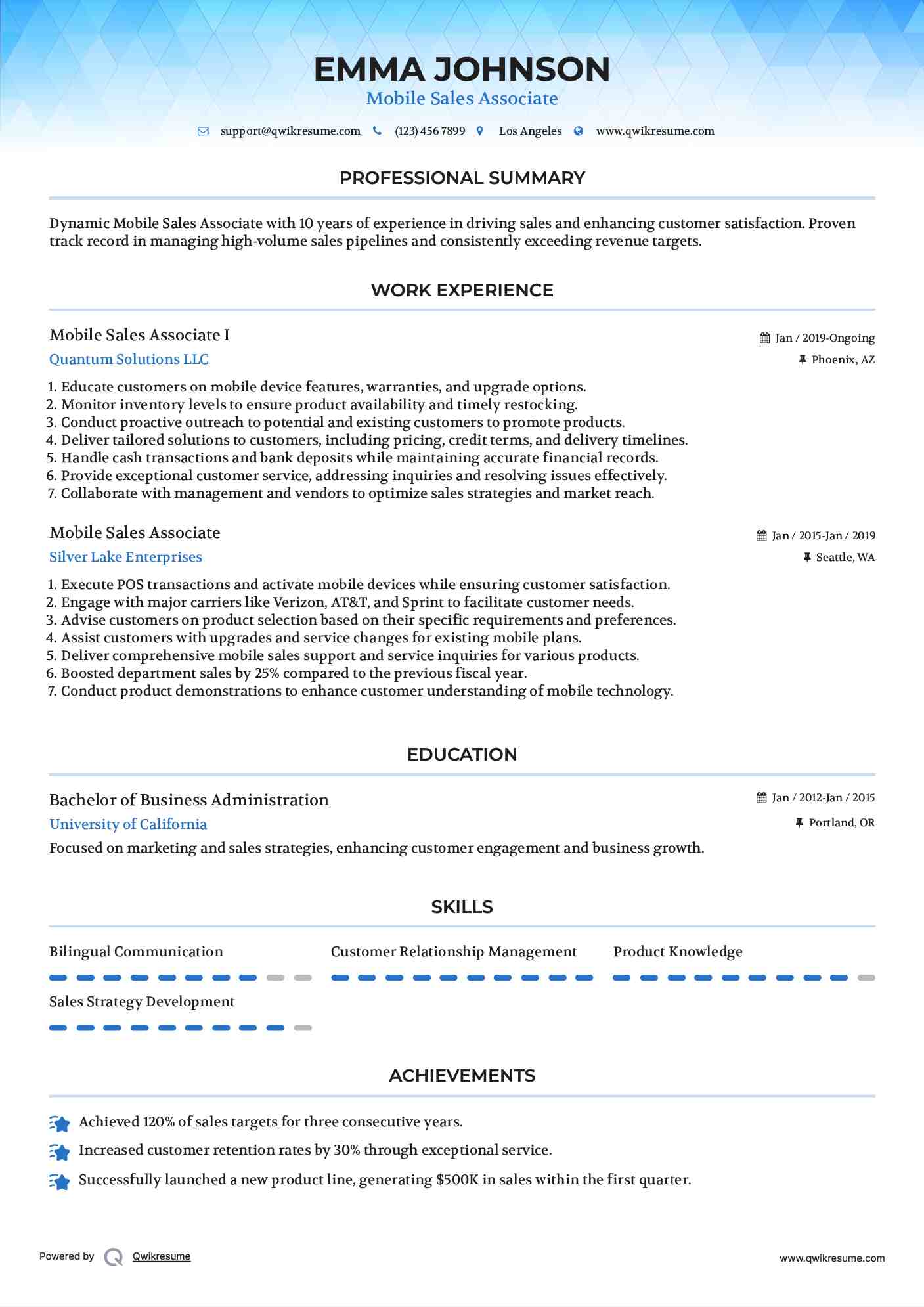 Mobile Sales Associate Resume Samples QwikResume