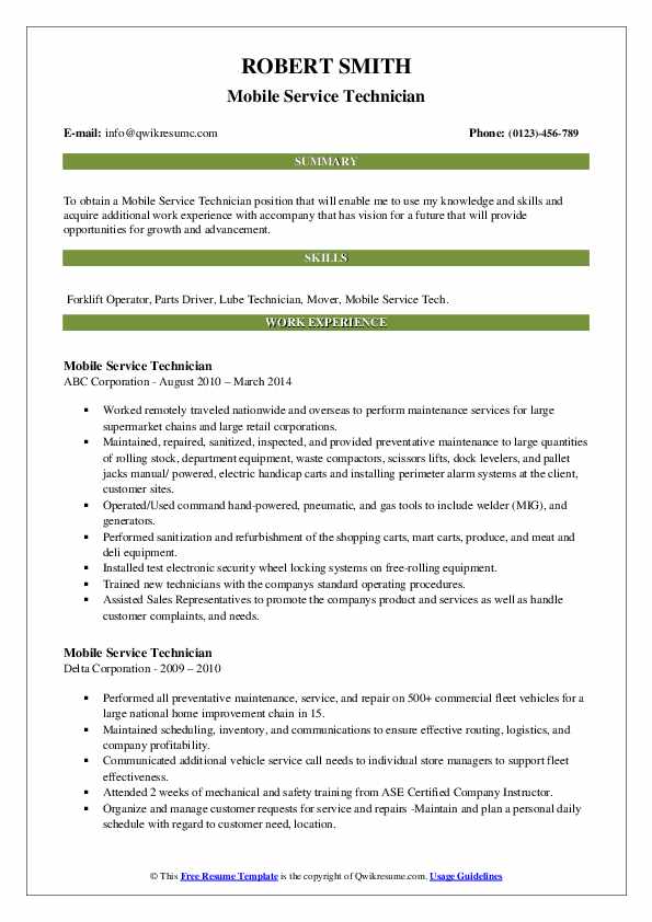 Mobile Service Technician Resume Samples | QwikResume