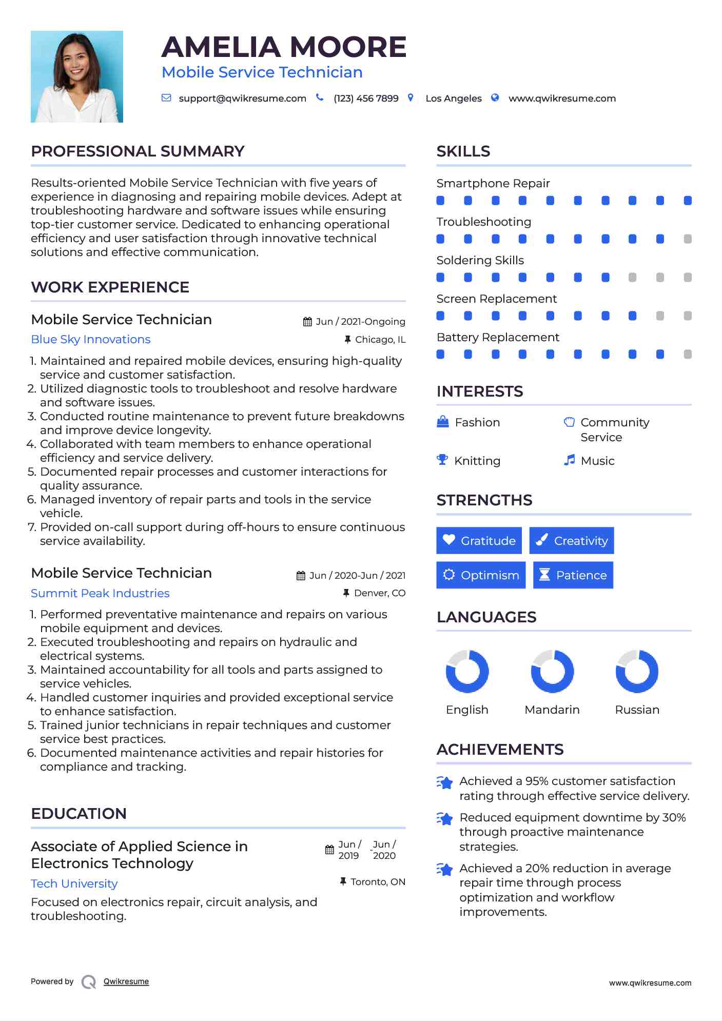 Mobile Service Technician Resume Samples | QwikResume