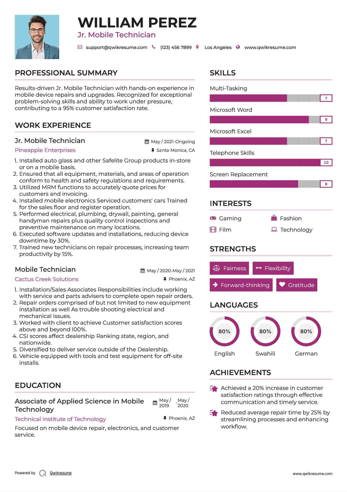 Jr. Mobile Technician Resume Model