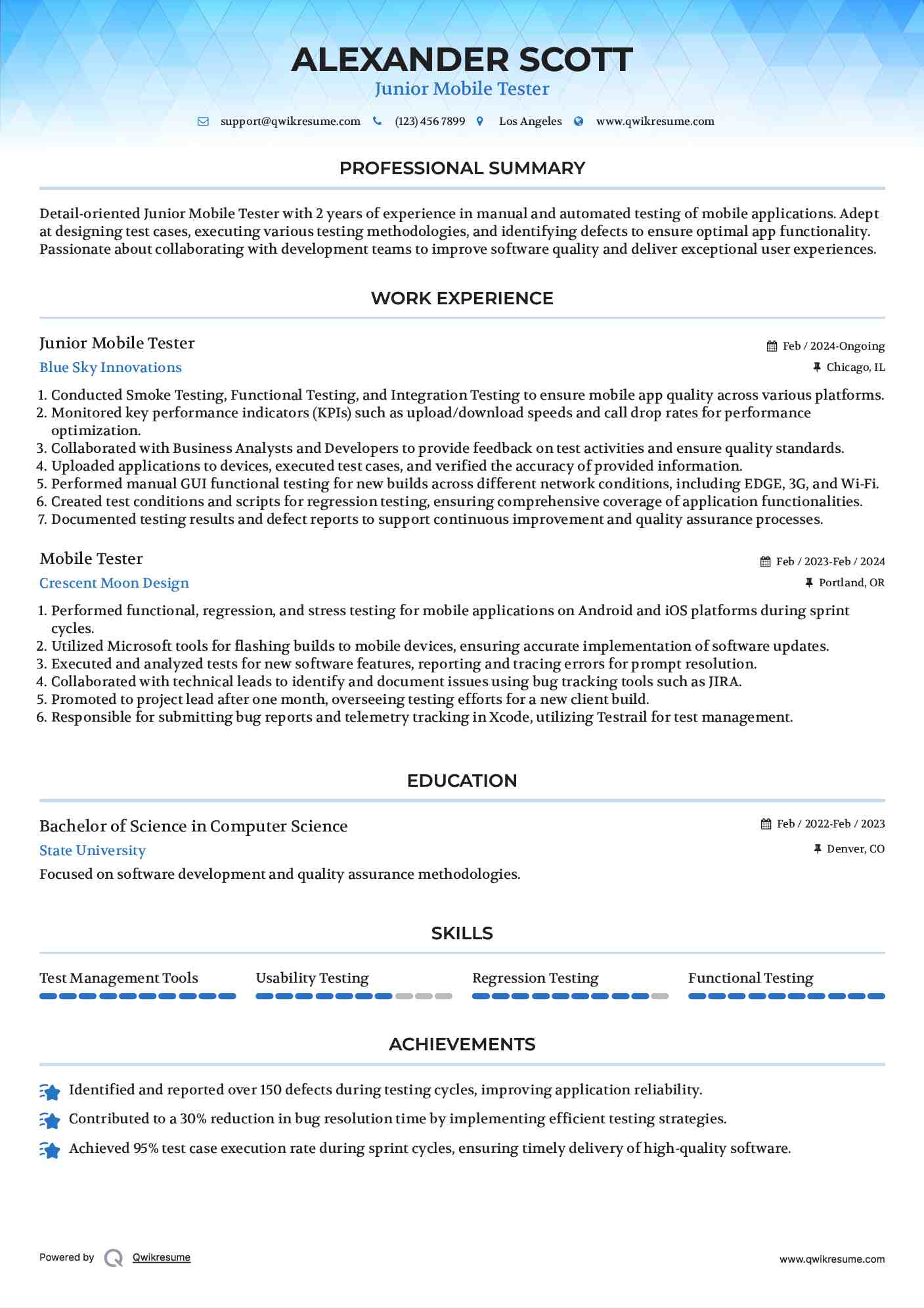 Junior Mobile Tester
 Resume Sample