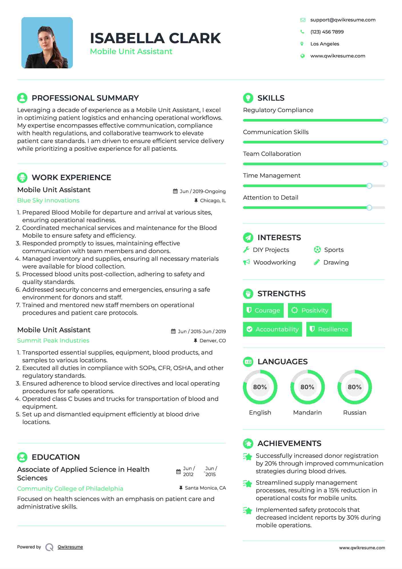 Mobile Unit Assistant Resume Example