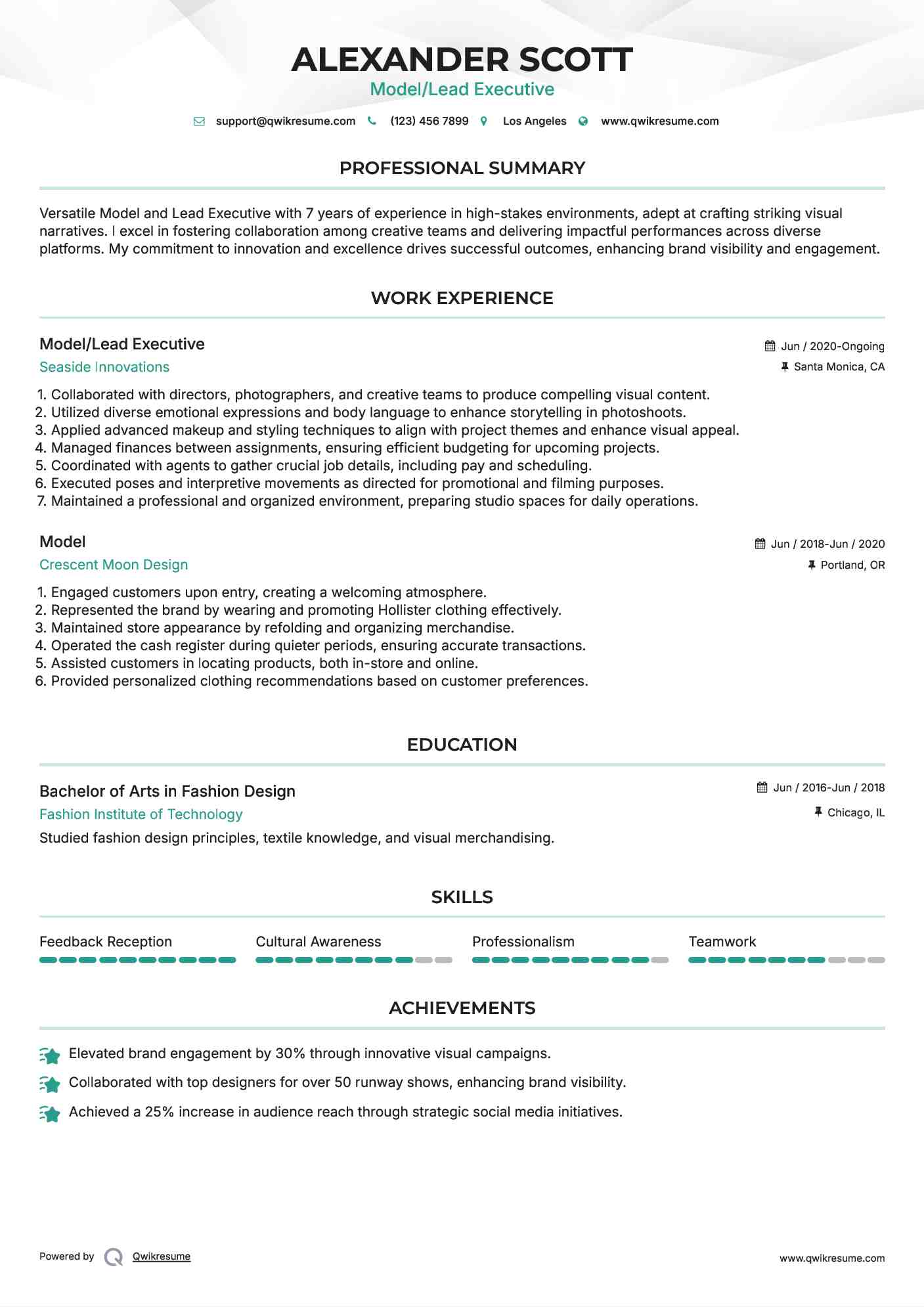 Model/Lead Executive Resume Format