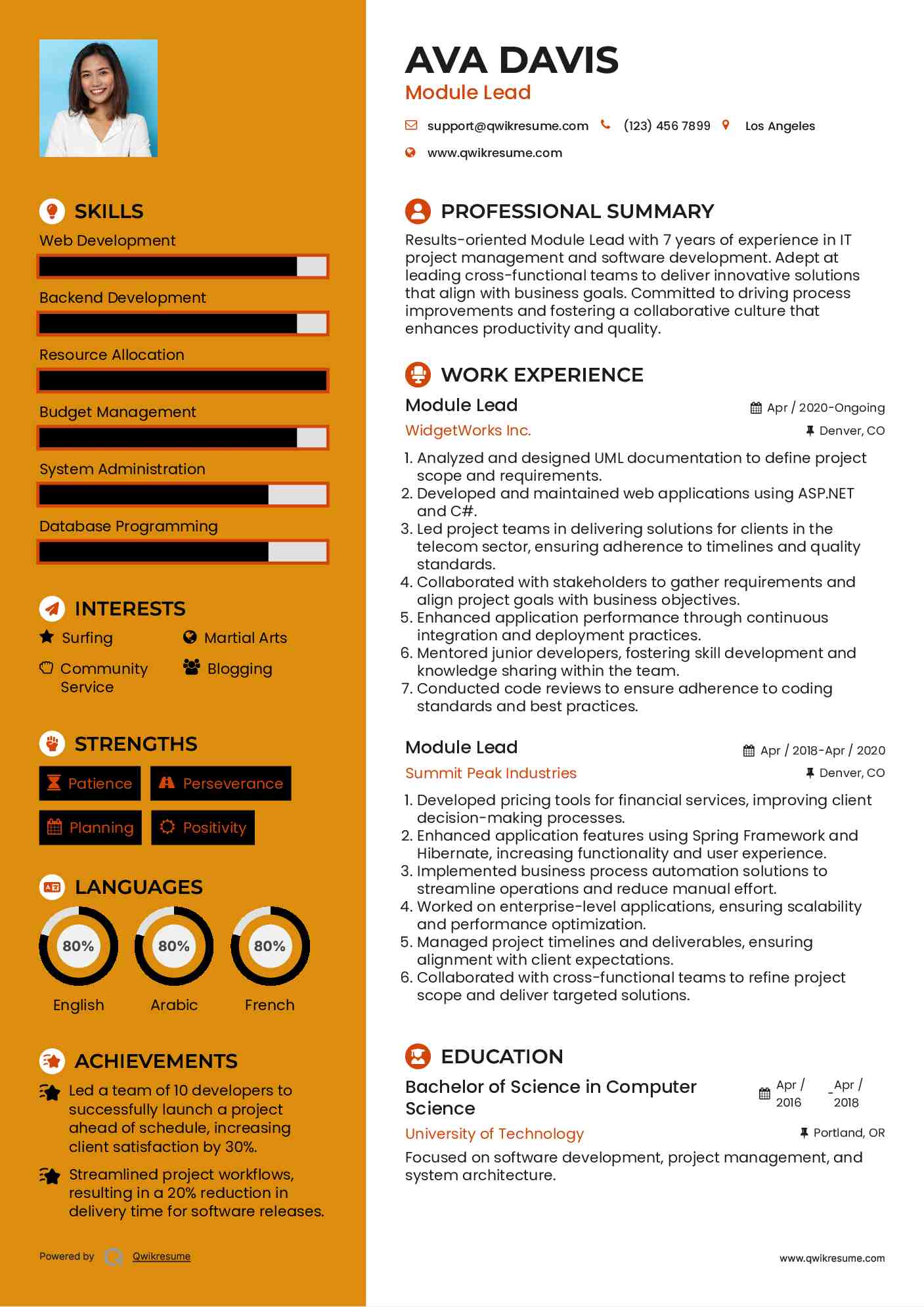 Module Lead Resume Template