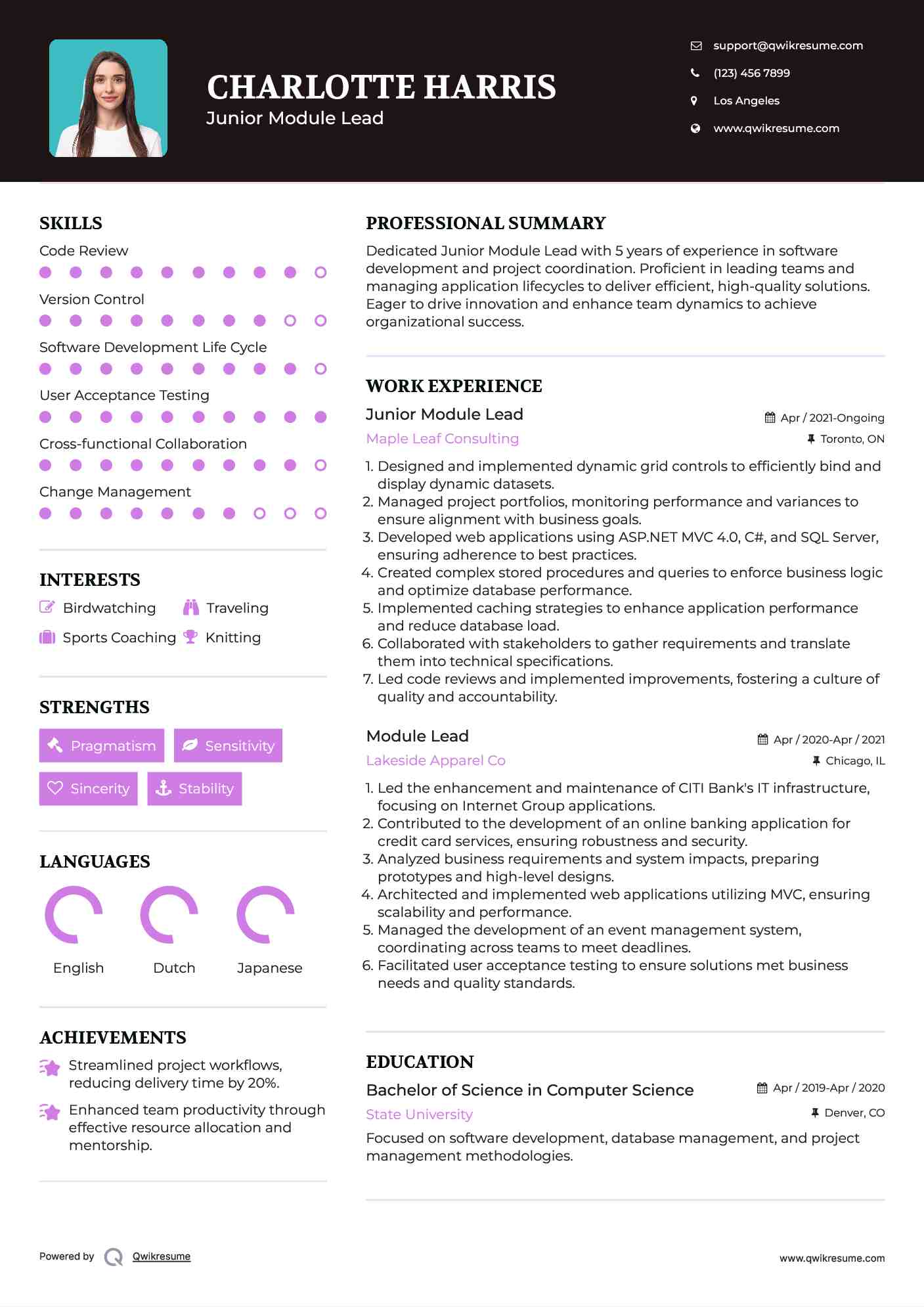 Junior Module Lead Resume Format