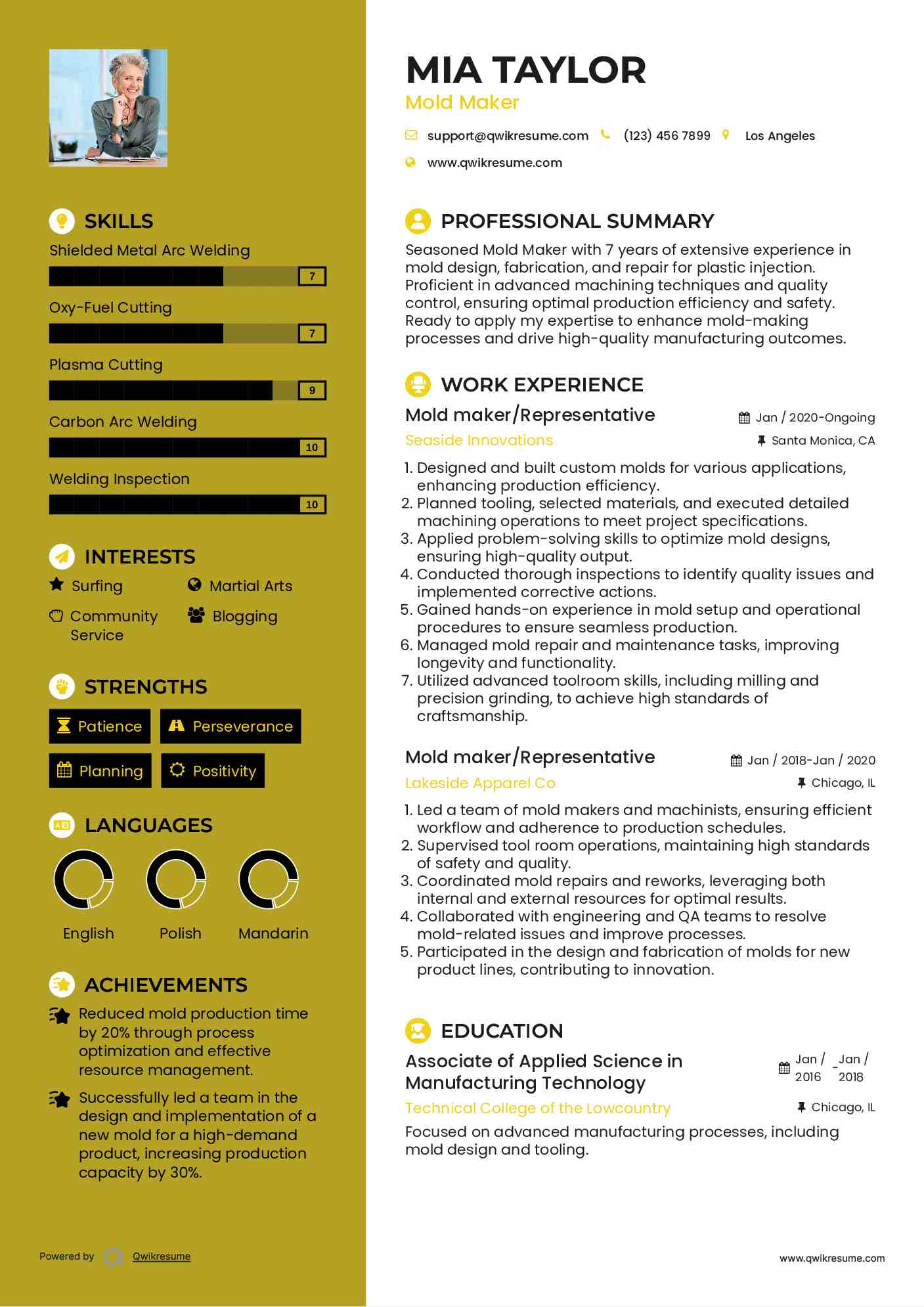 Mold maker/Representative Resume Template