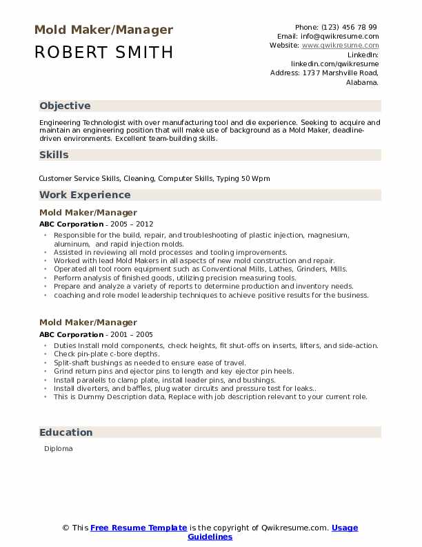 Mold Maker Resume Samples QwikResume