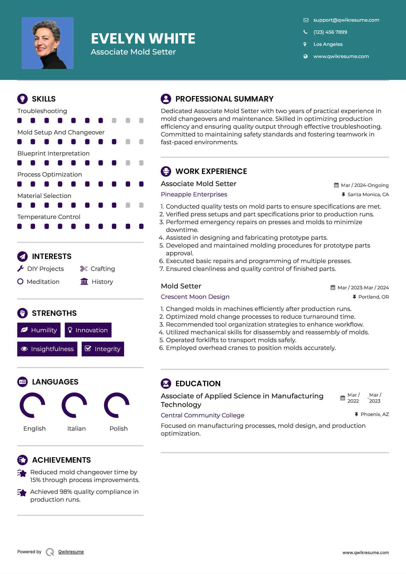 Associate Mold Setter Resume Example