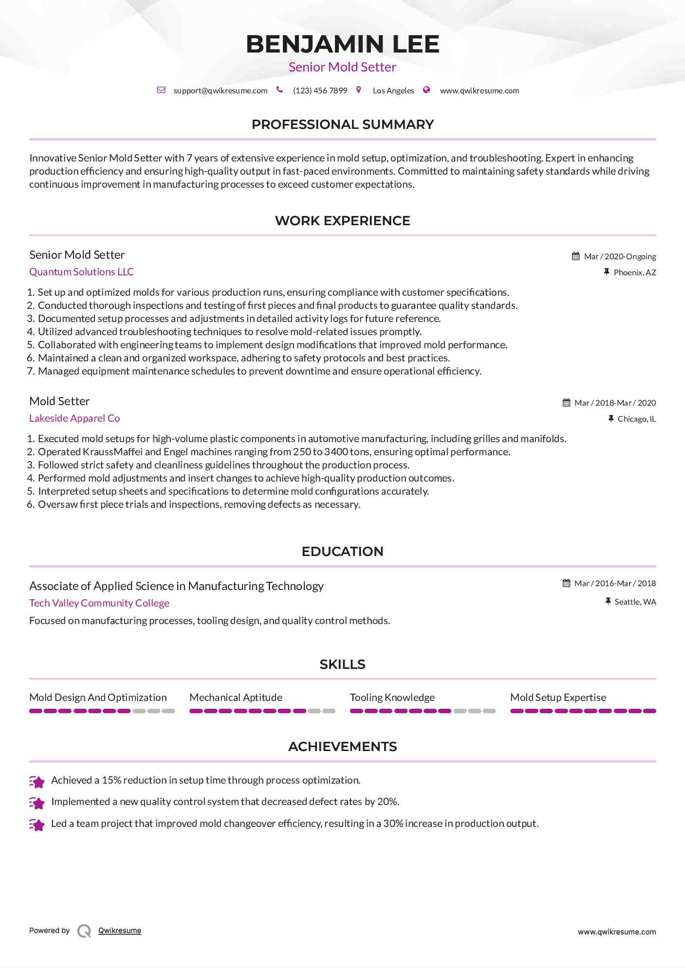 Senior Mold Setter Resume Model