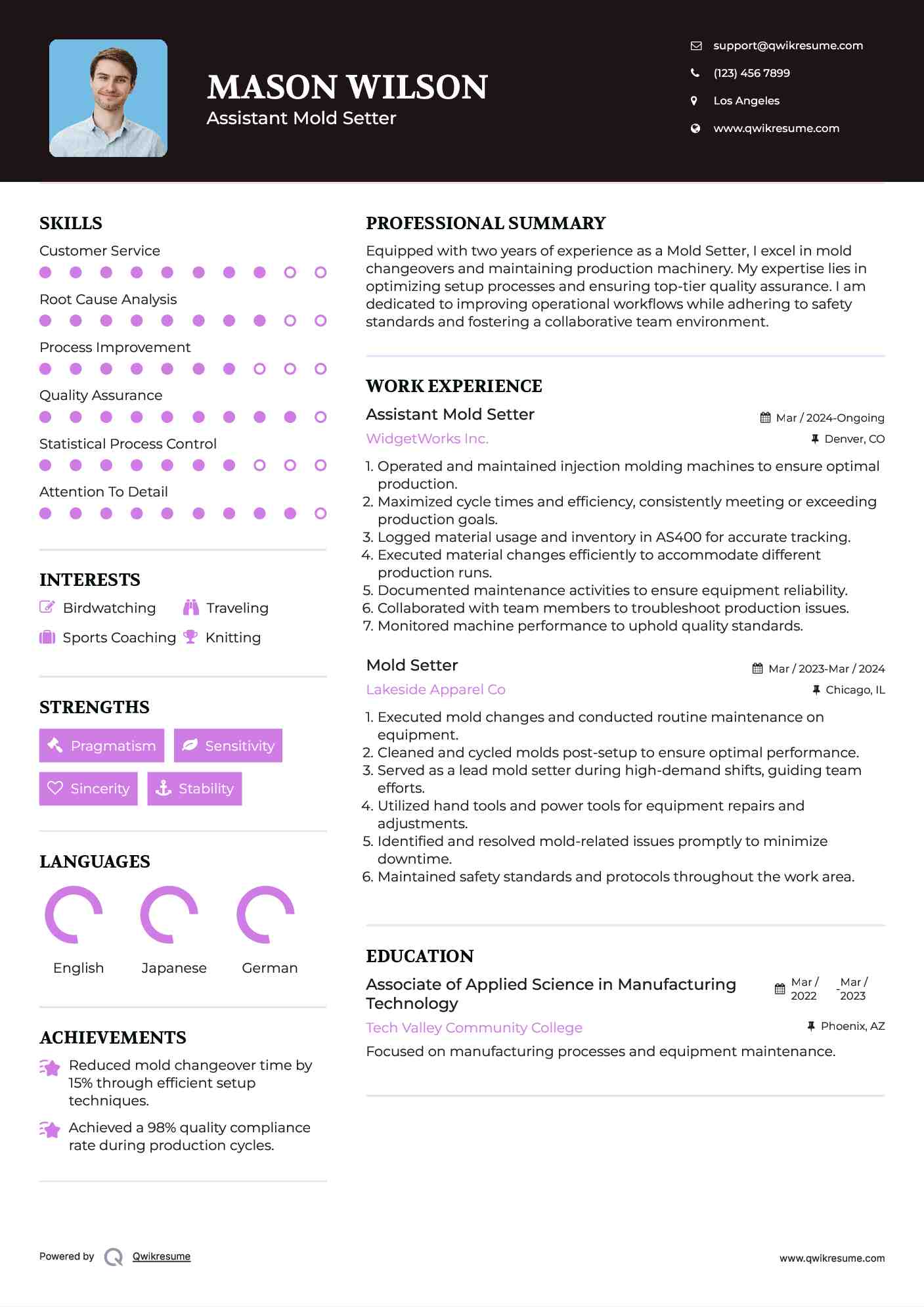 Assistant Mold Setter  Resume Sample