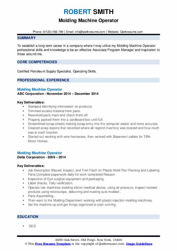Molding Machine Operator Resume Samples QwikResume