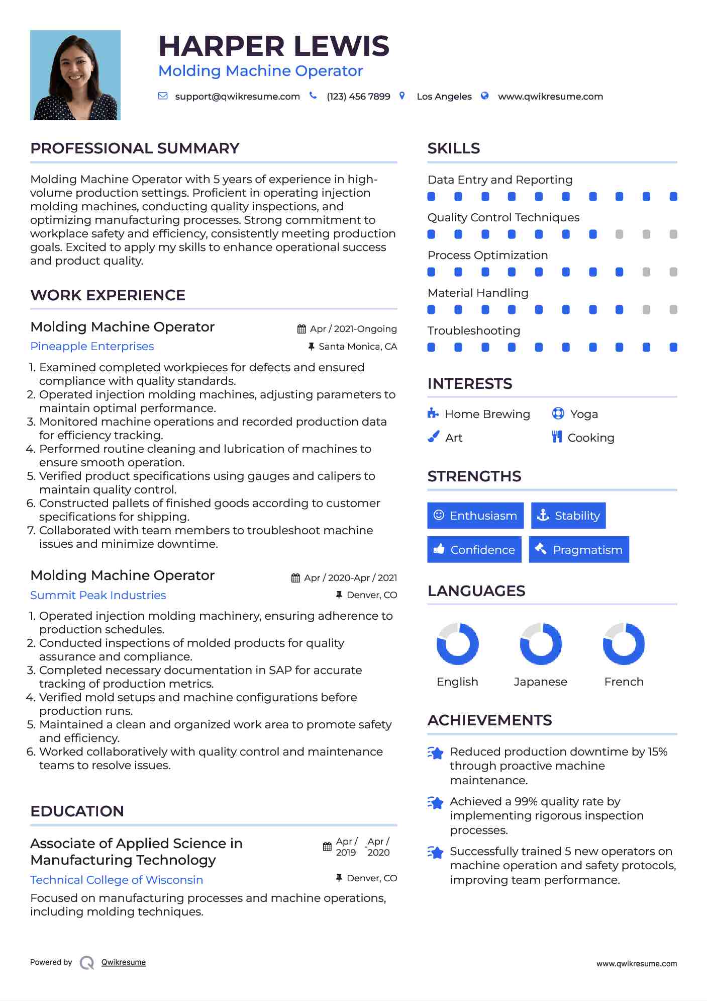 Molding Machine Operator Resume Example