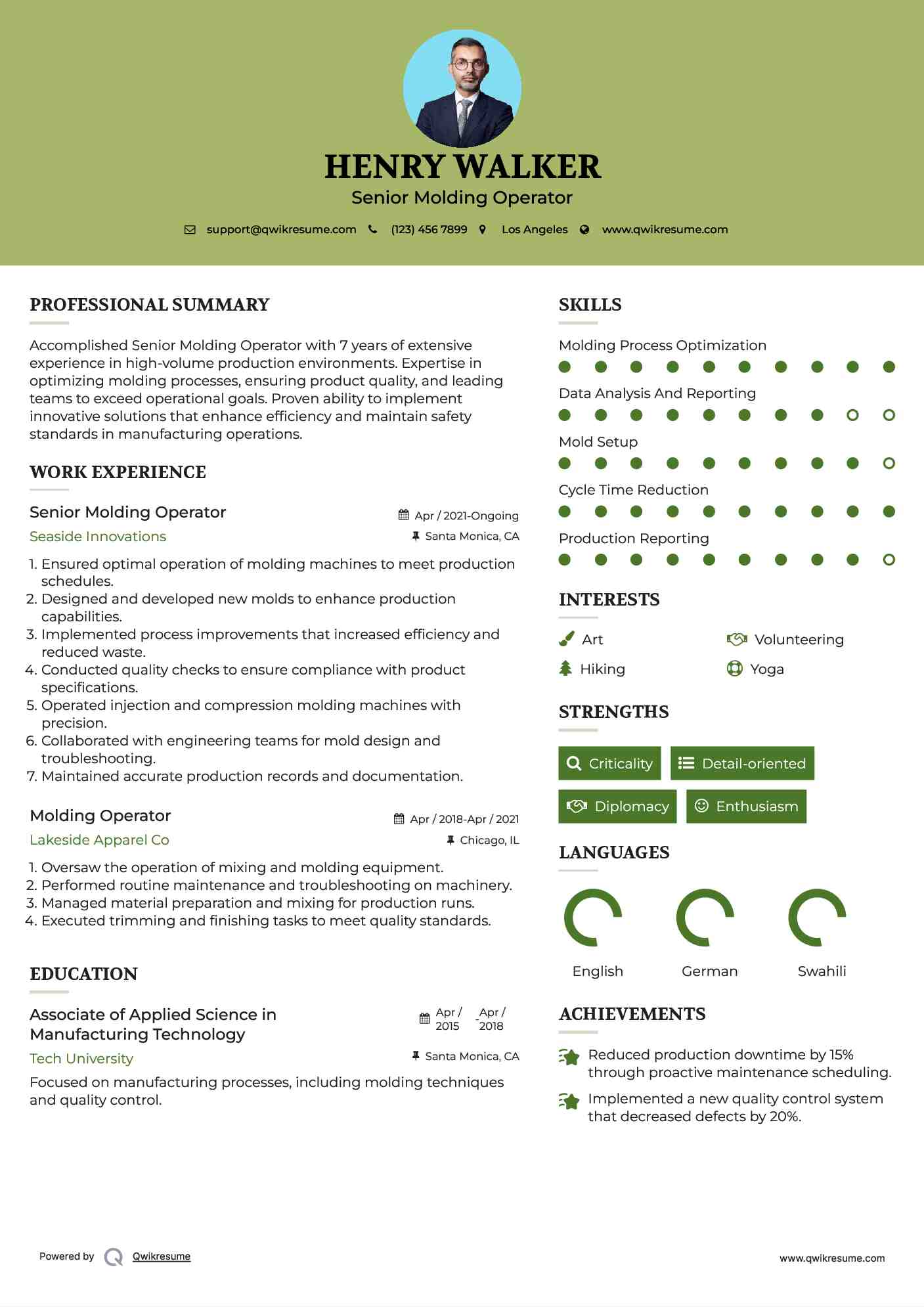 Molding Operator Resume Samples QwikResume