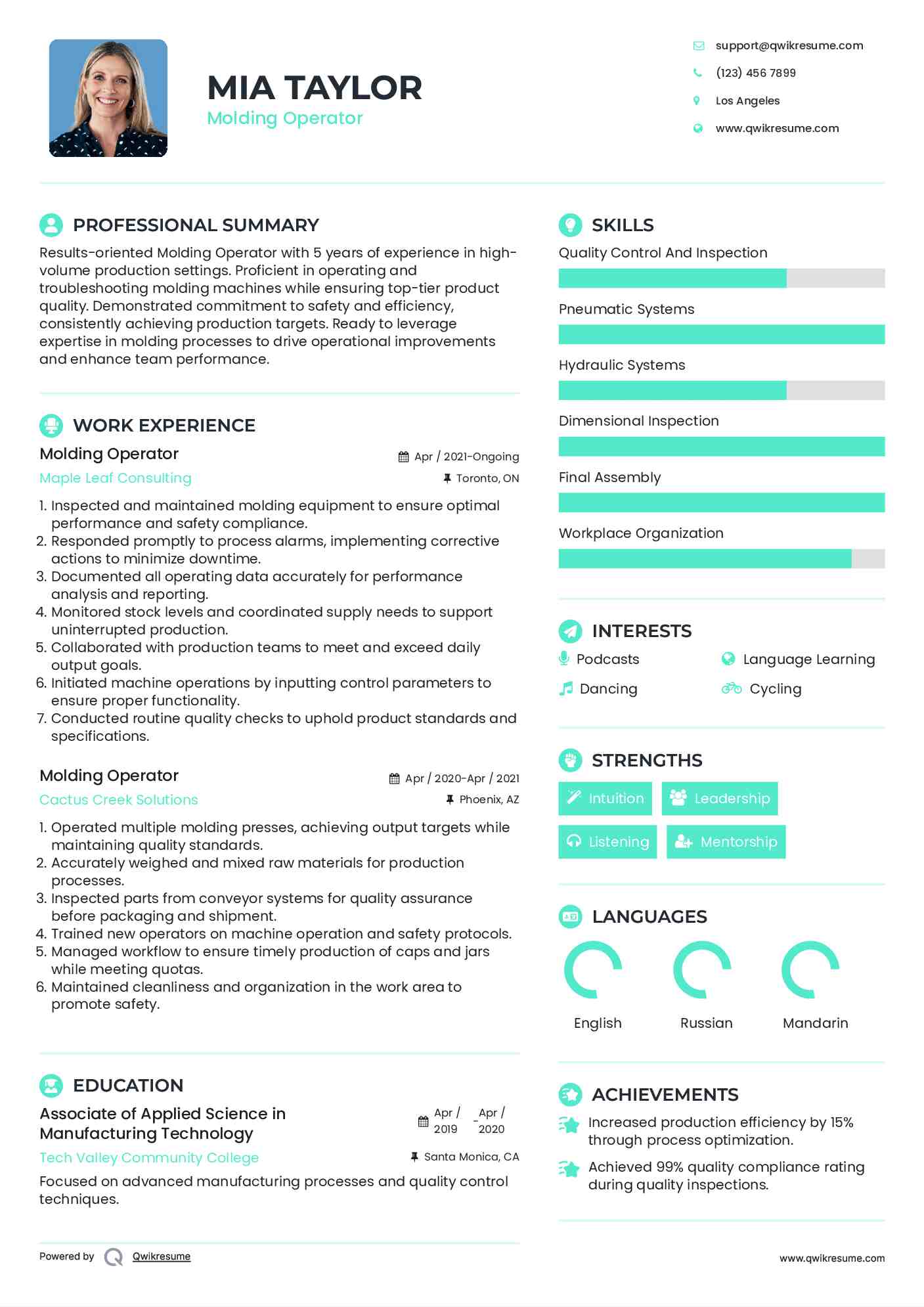 Molding Operator Resume Sample