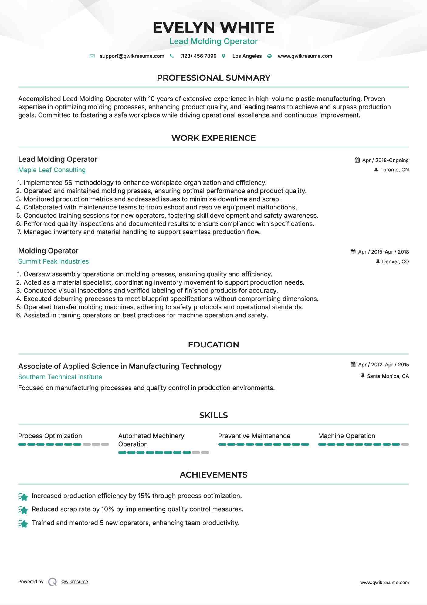 Lead Molding Operator Resume Template