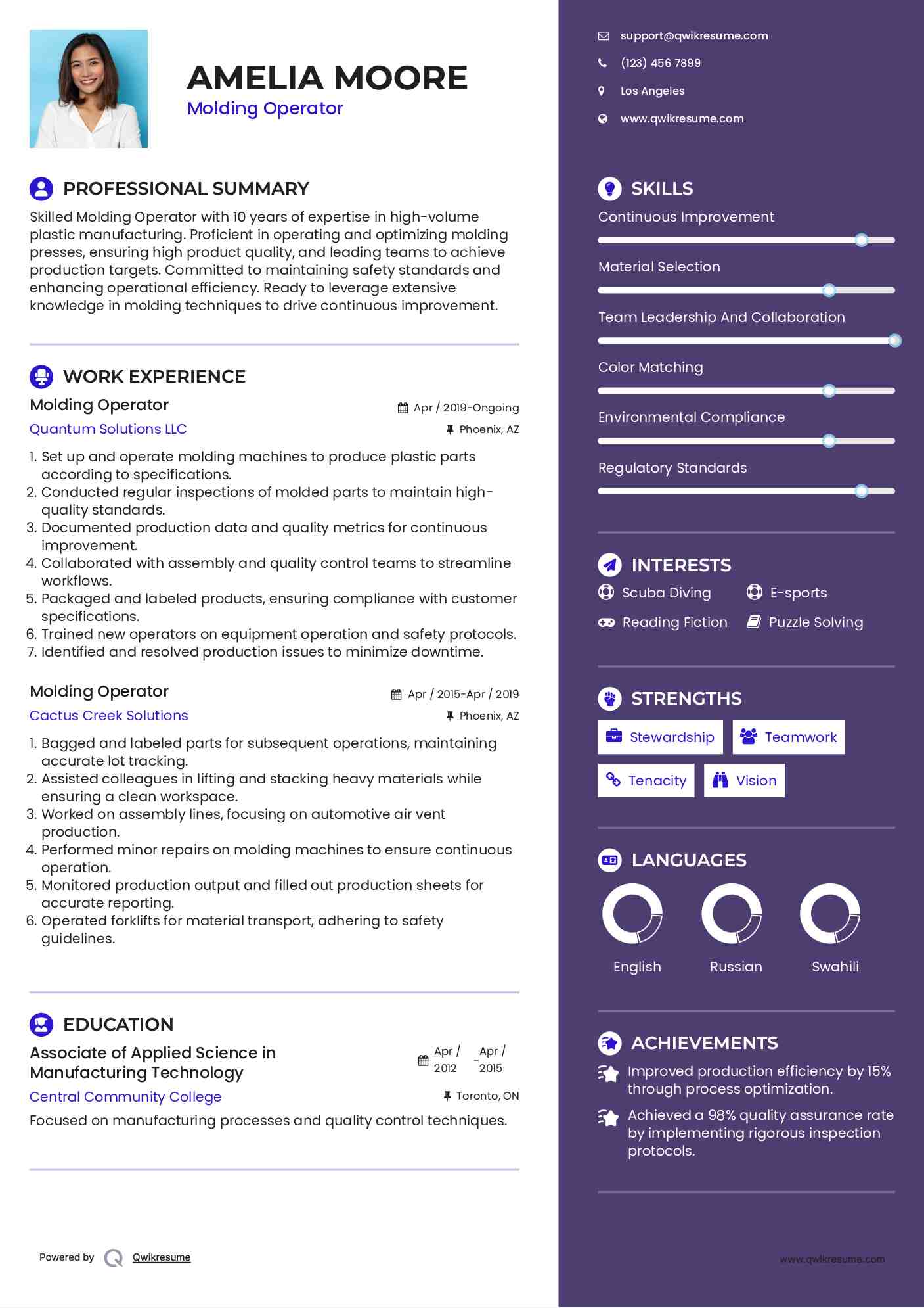 Molding Operator Resume Model