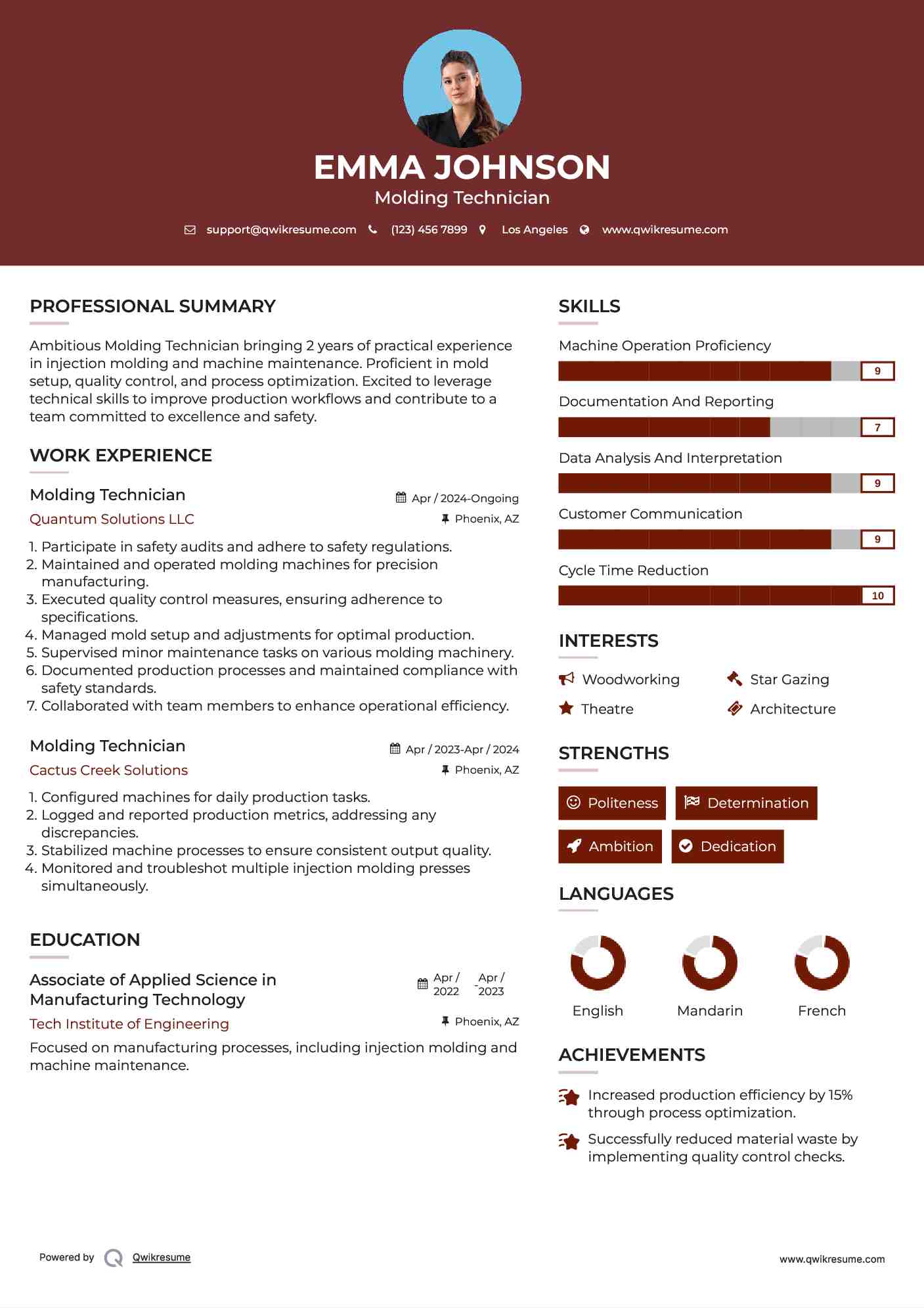 Molding Technician Resume Sample
