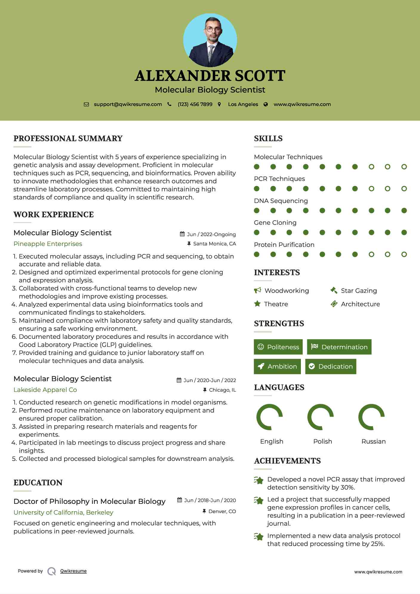 Molecular Biology Scientist Resume Sample