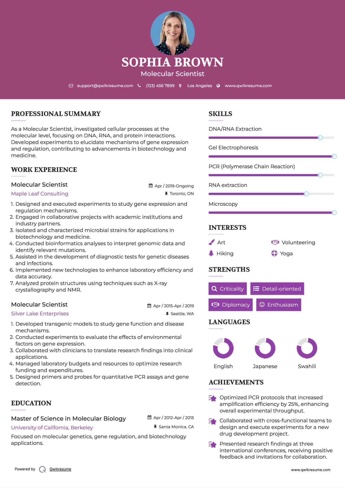 Molecular Scientist Resume Model