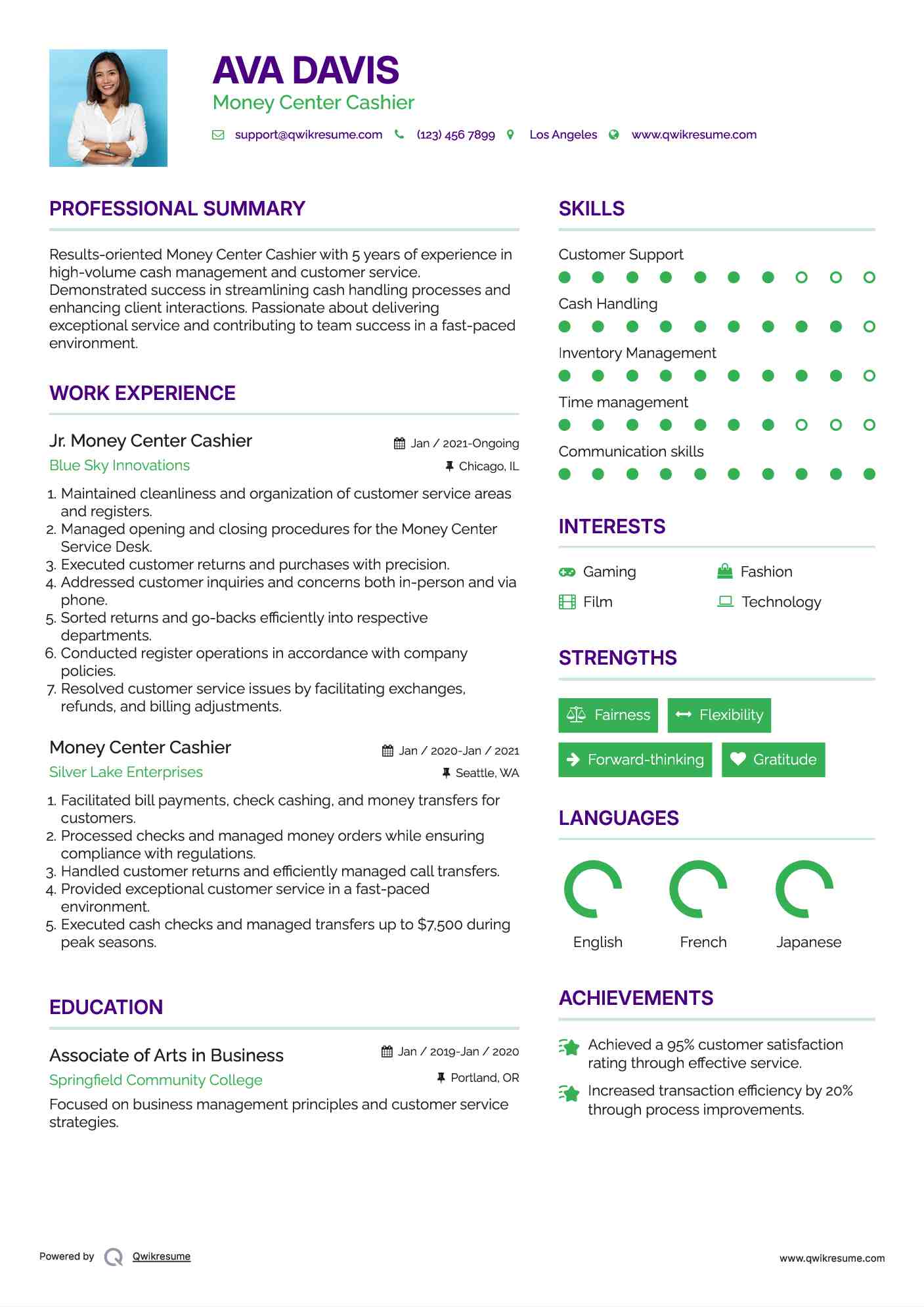 Jr. Money Center Cashier Resume Model