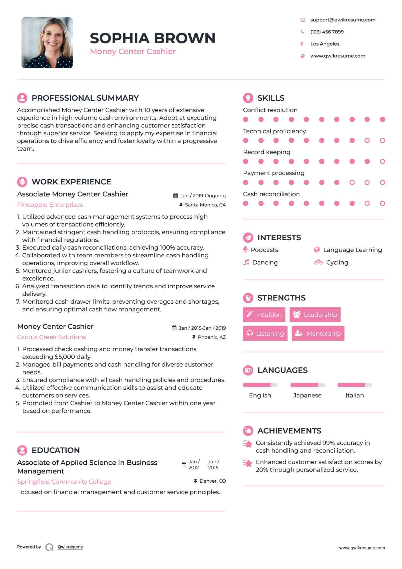 Associate Money Center Cashier Resume Model