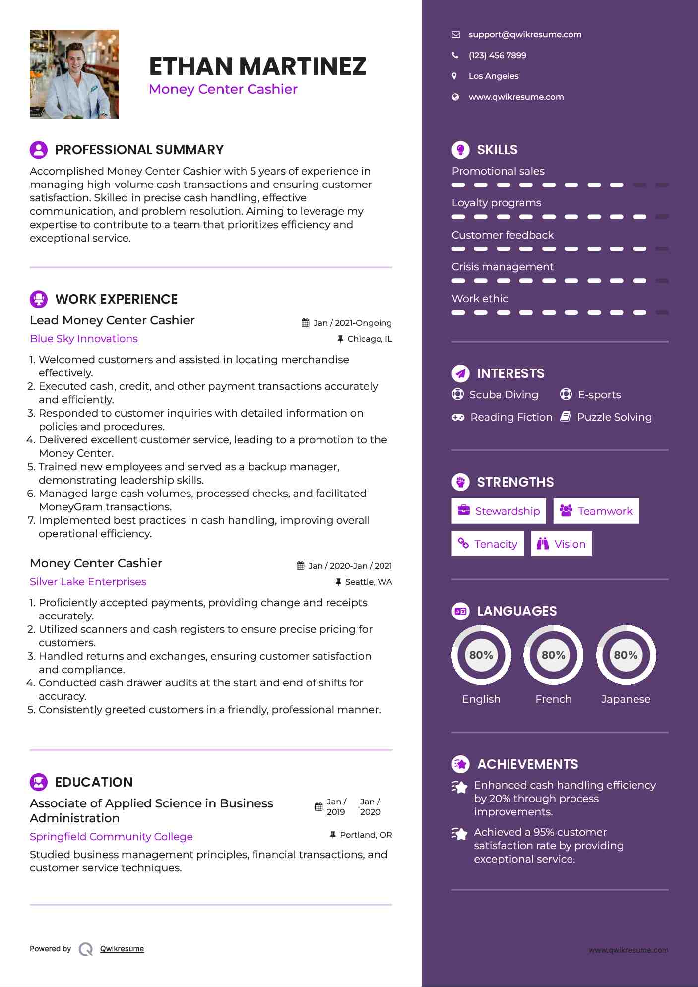 Lead Money Center Cashier Resume Model