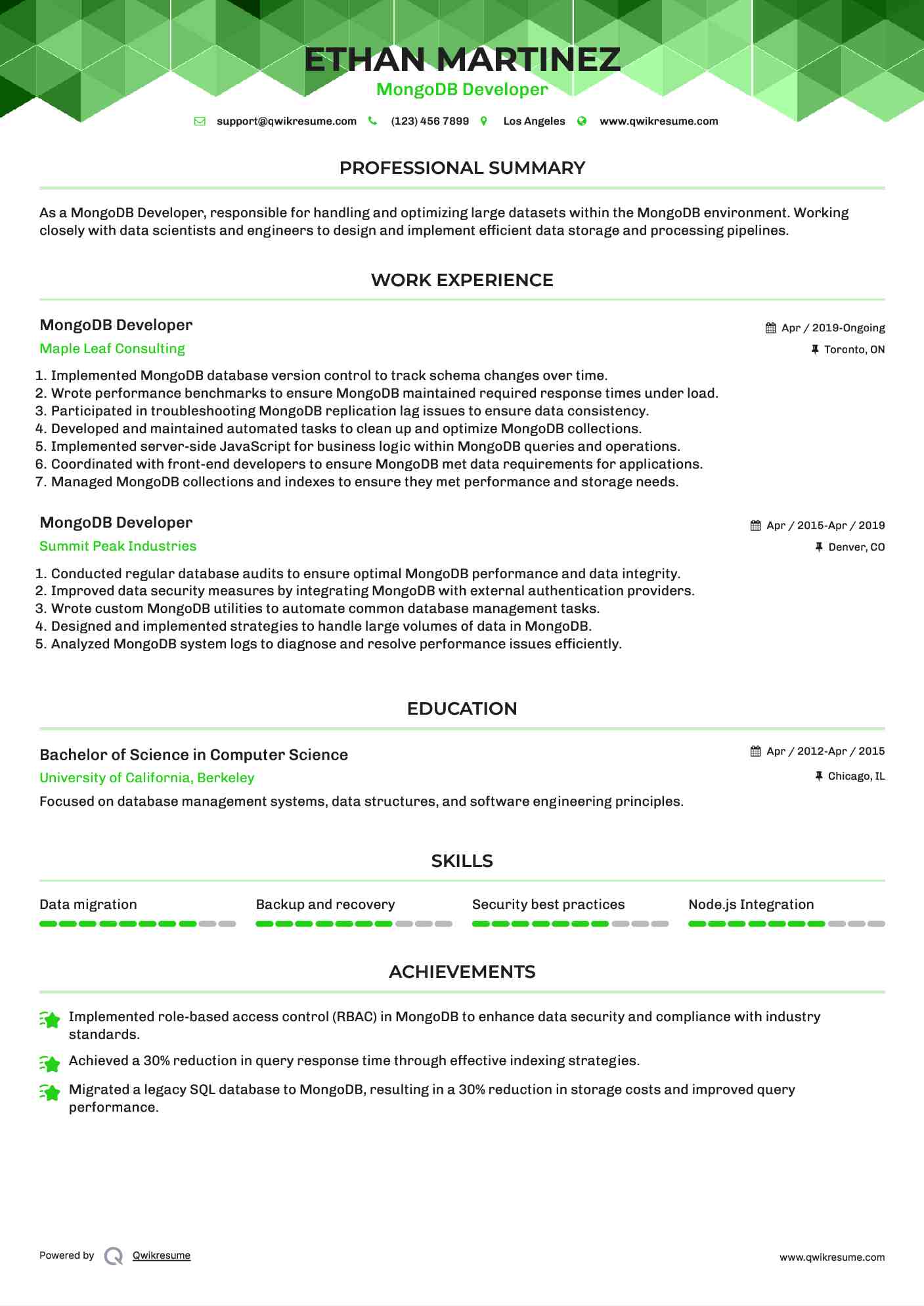 MongoDB Developer Resume Sample