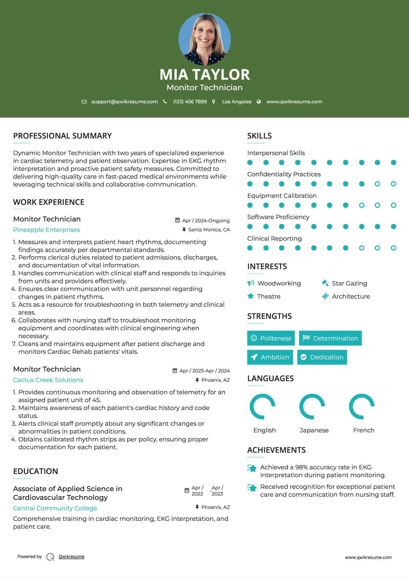 Monitor Technician Resume Sample
