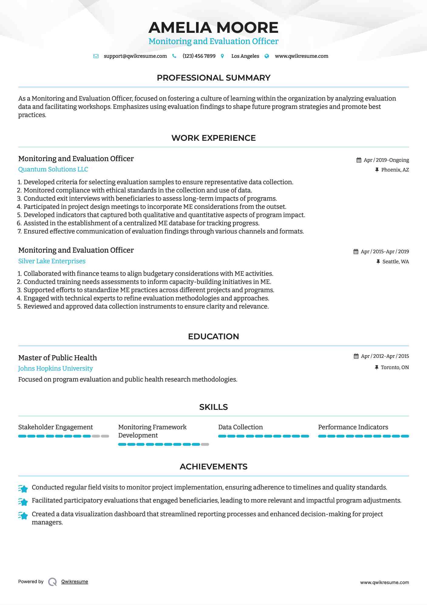 Monitoring and Evaluation Officer Resume Model