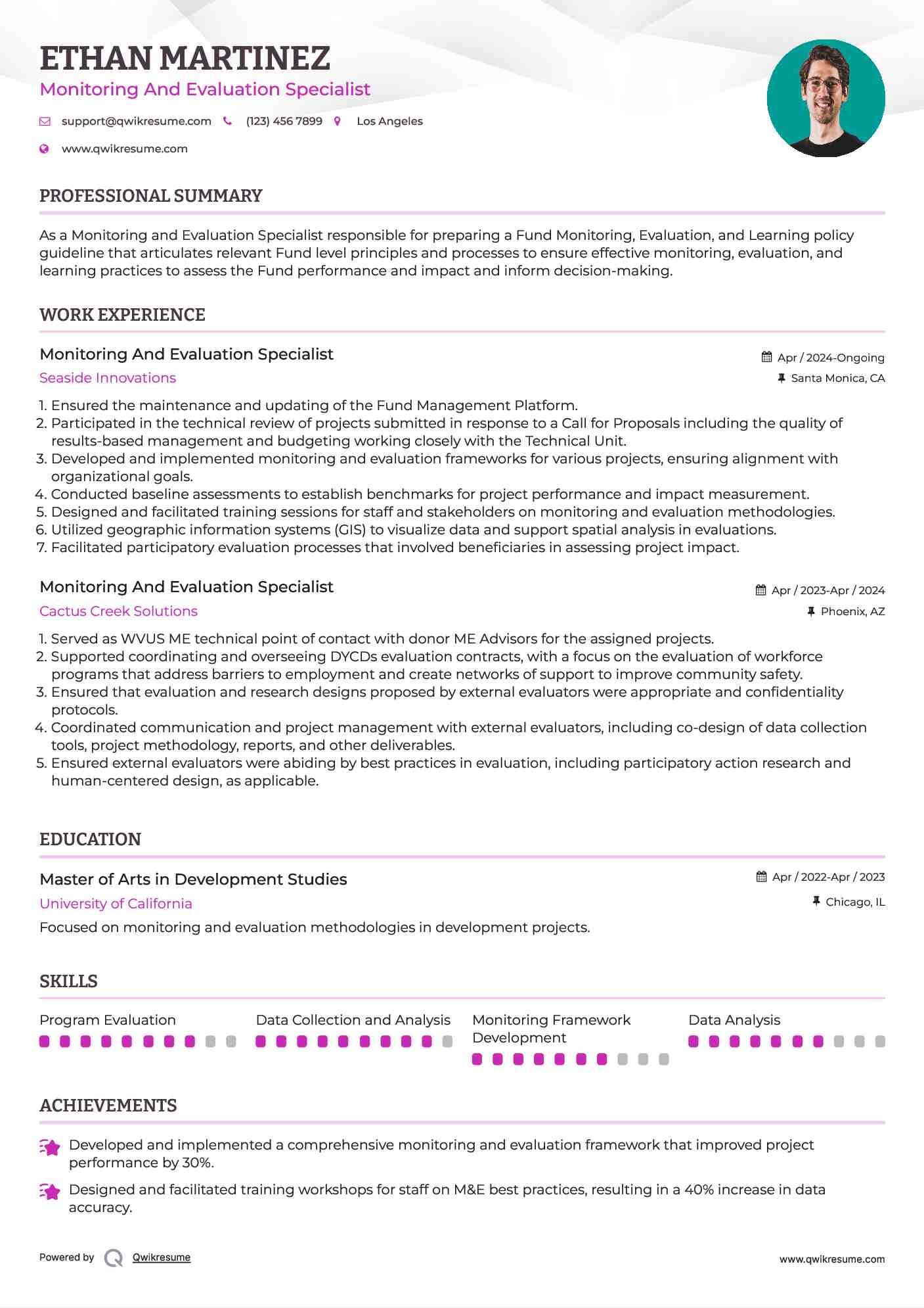 Monitoring And Evaluation Specialist Resume Template