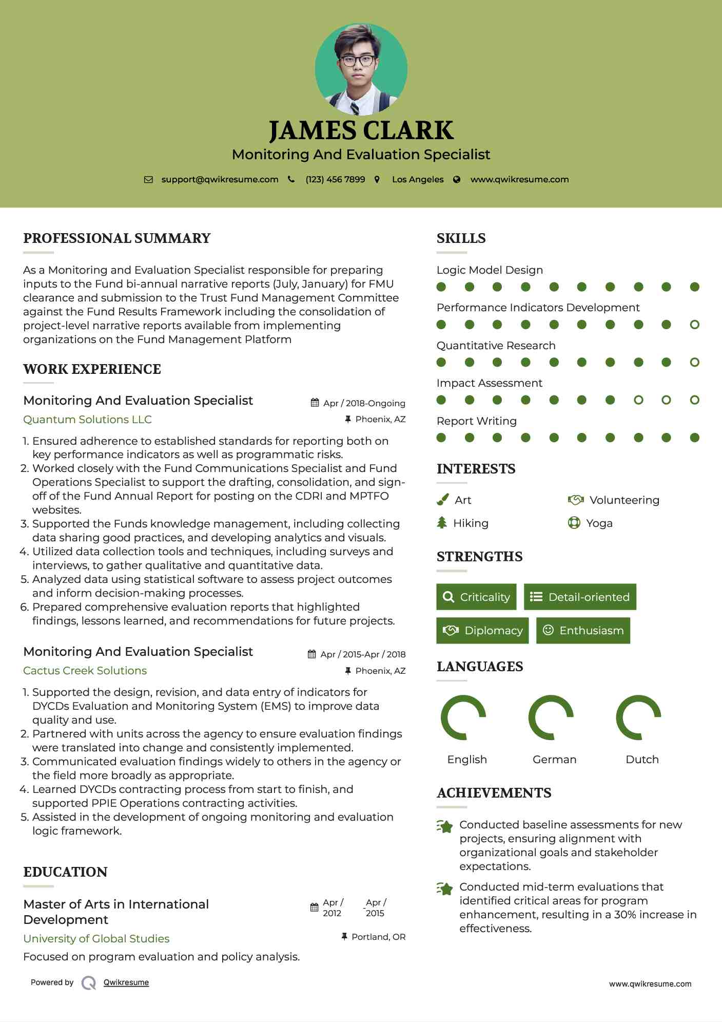 Monitoring And Evaluation Specialist Resume Model