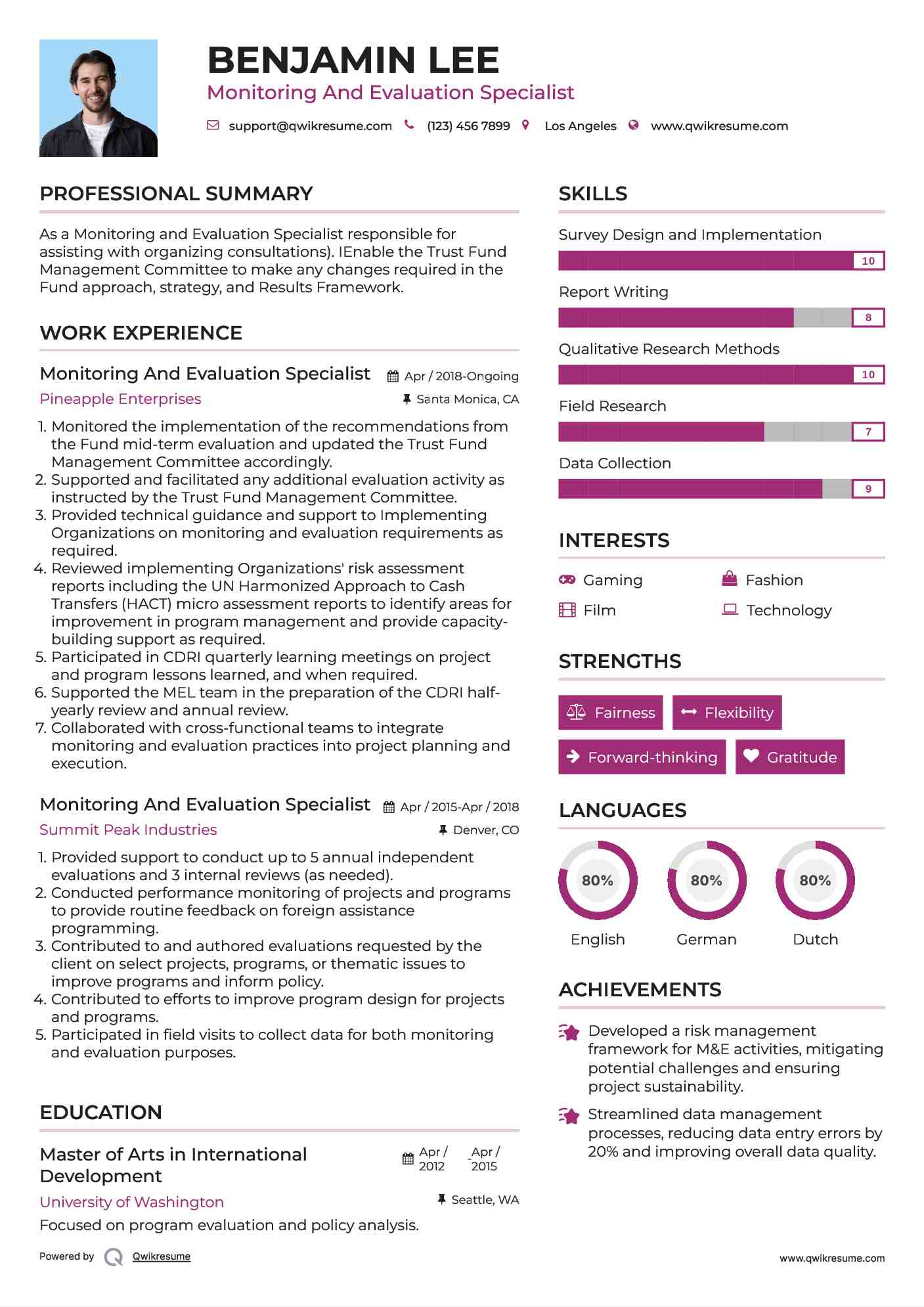 Monitoring And Evaluation Specialist Resume Example