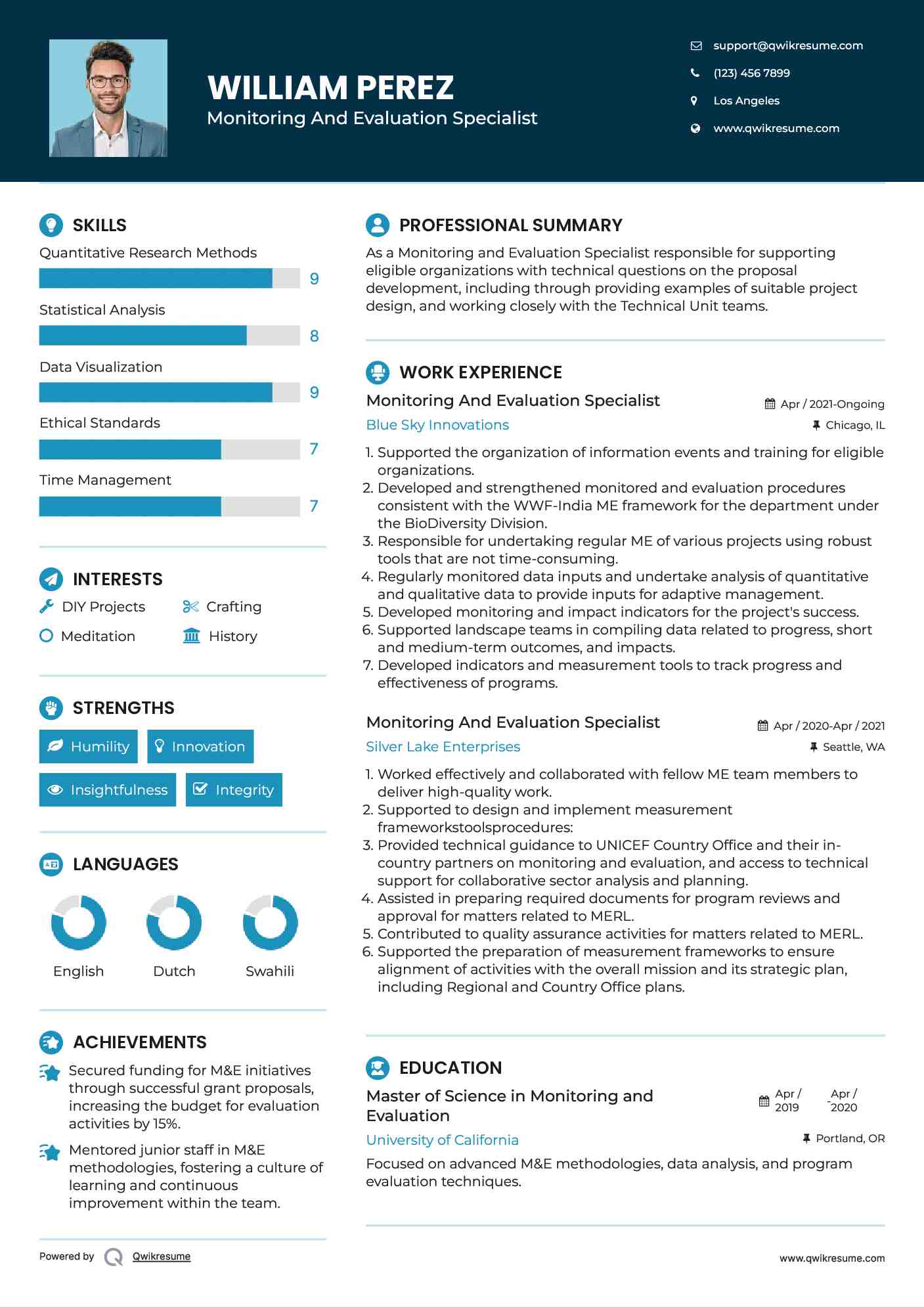 Monitoring And Evaluation Specialist Resume Example