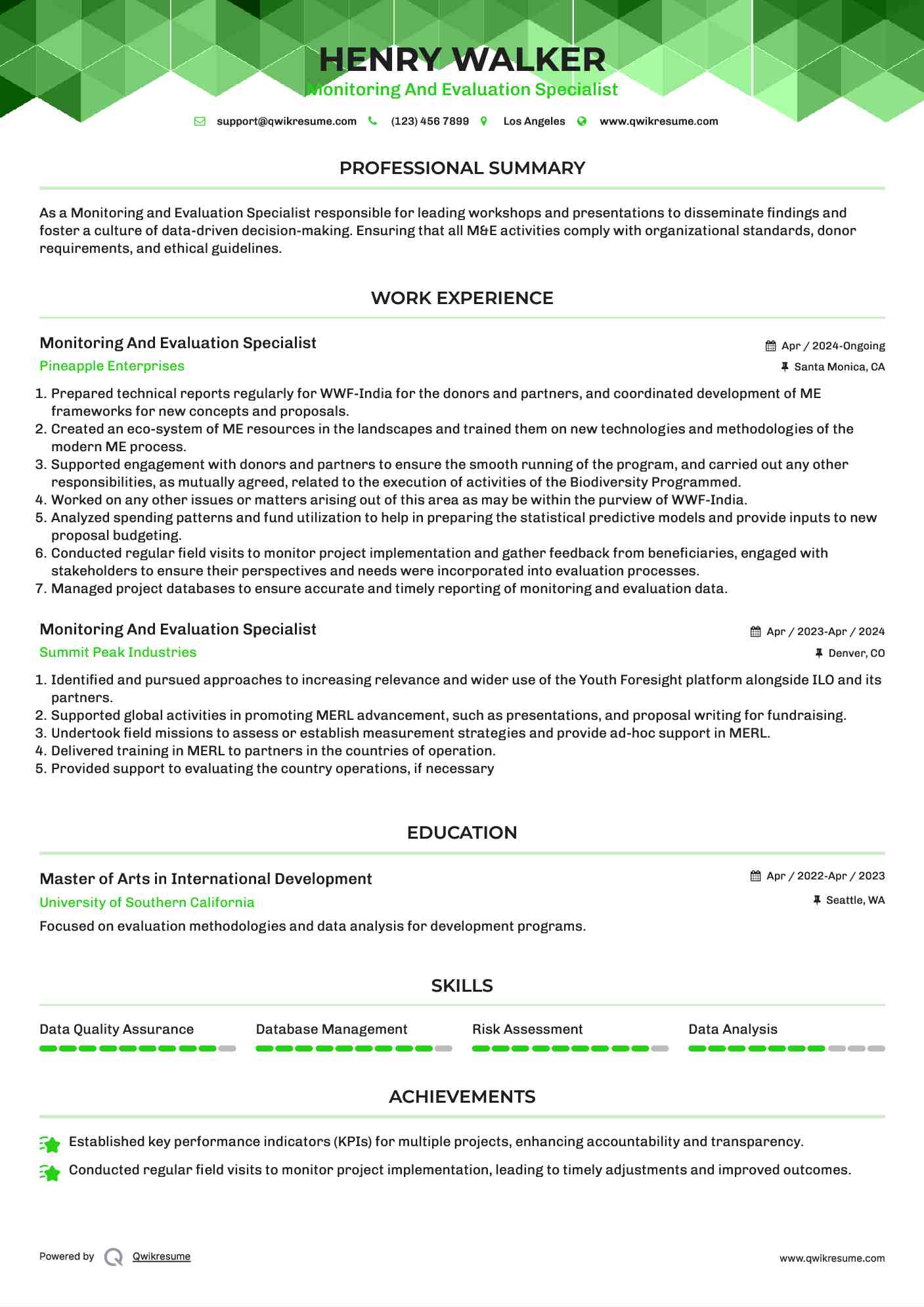 Monitoring And Evaluation Specialist Resume Model