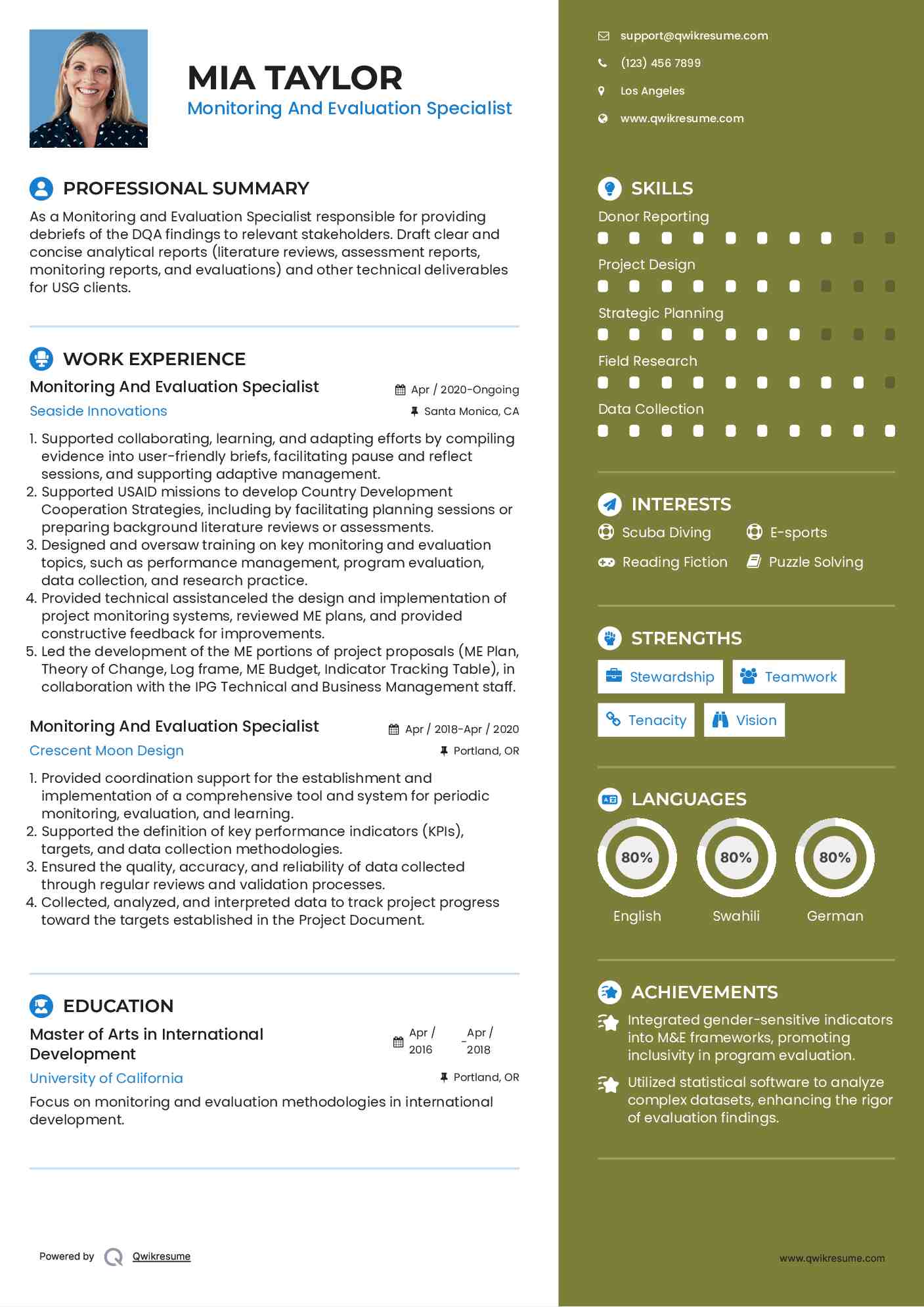 Monitoring And Evaluation Specialist Resume Format