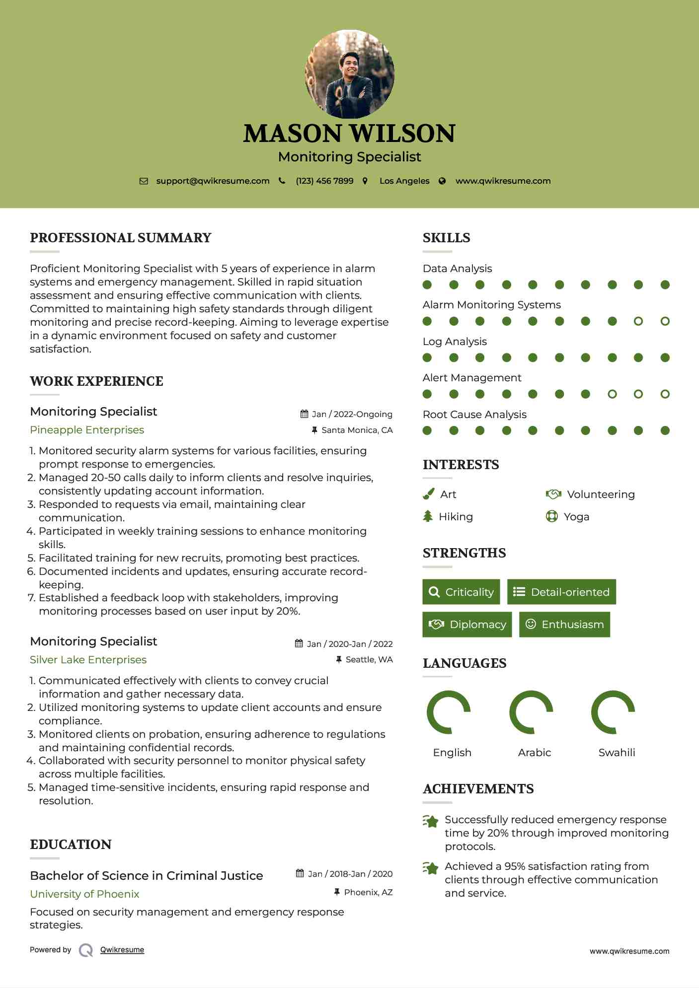 Monitoring Specialist Resume Samples QwikResume
