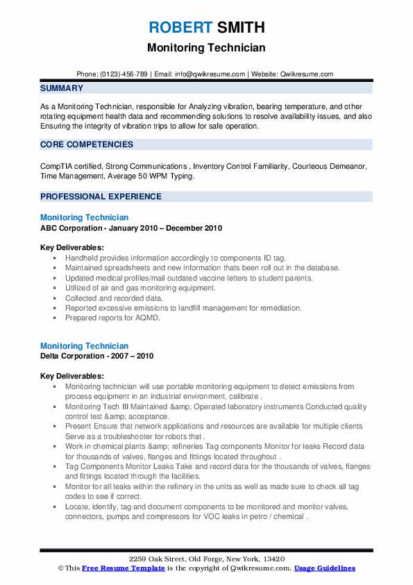 Monitoring Technician Resume Samples QwikResume