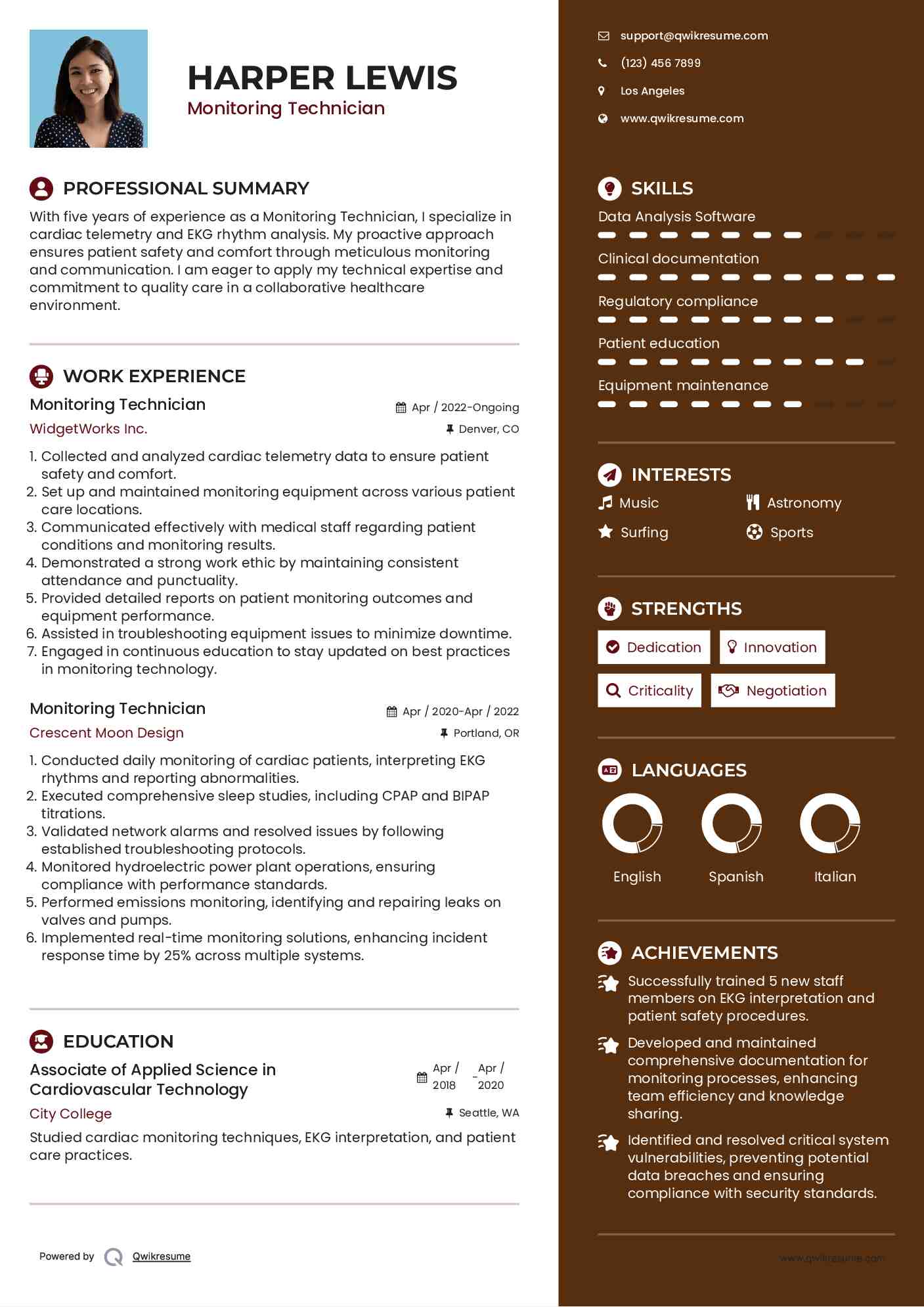 Monitoring Technician Resume Samples QwikResume