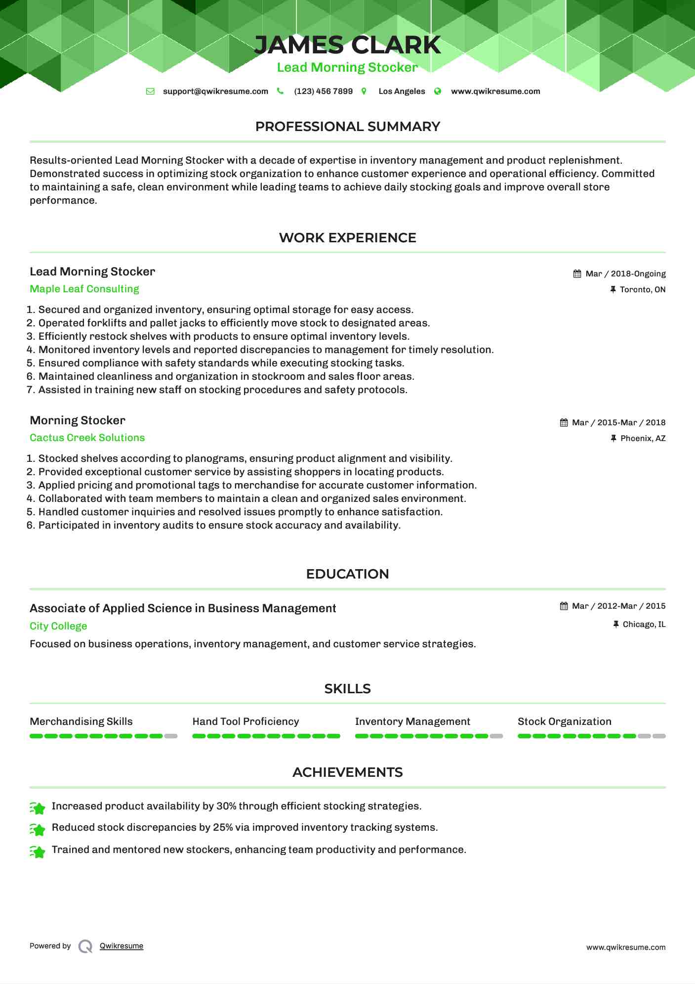 Morning Stocker Resume Samples QwikResume
