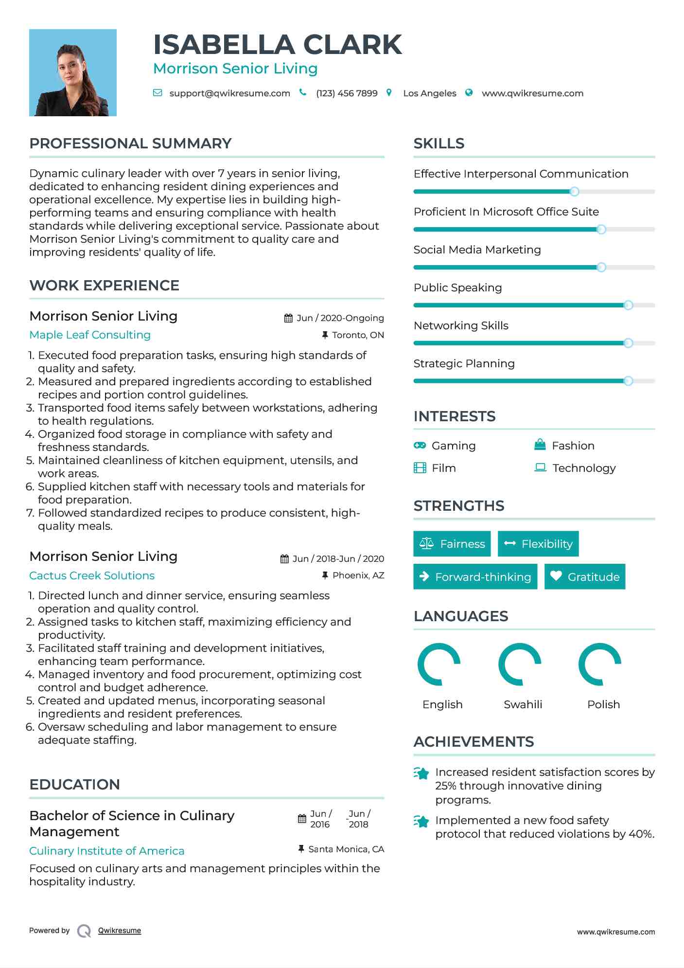Morrison Senior Living Resume Example