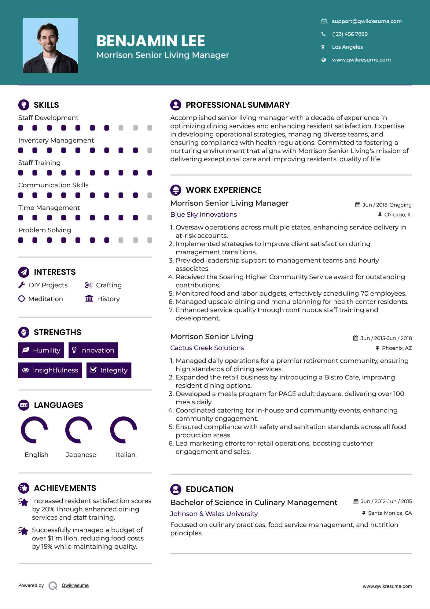 Morrison Senior Living Manager Resume Format