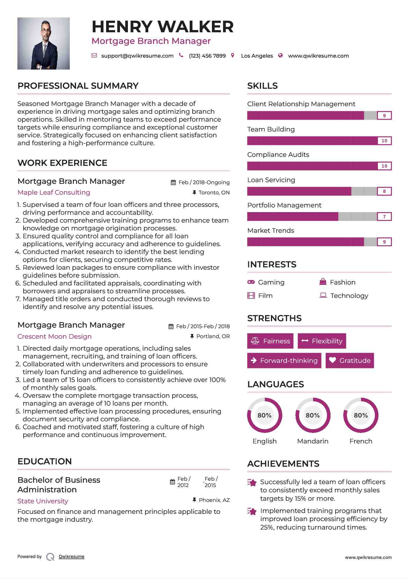 Mortgage Branch Manager Resume Model
