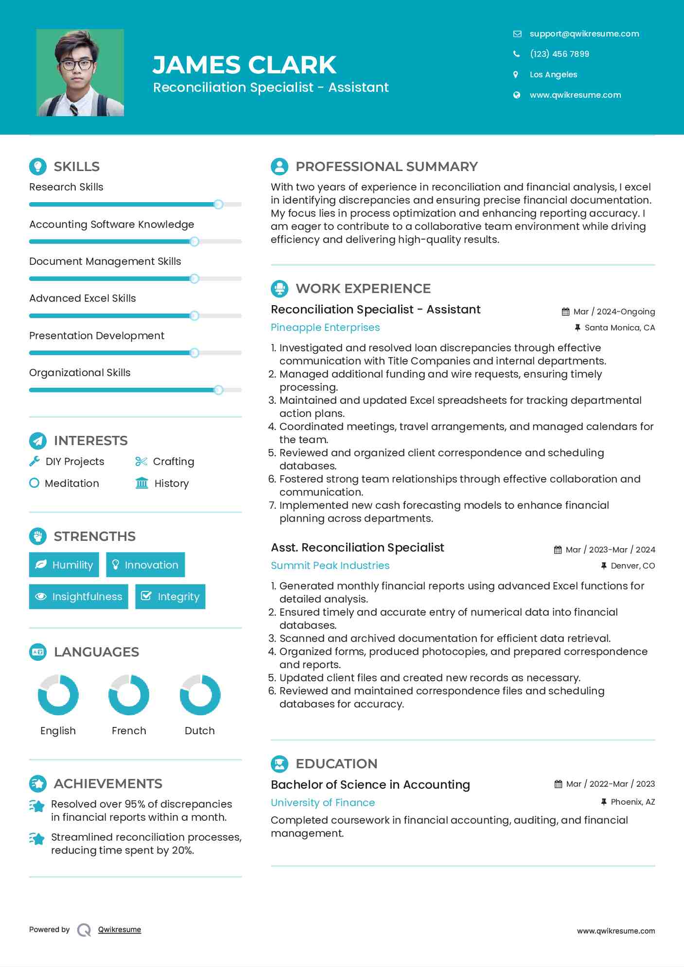 Reconciliation Specialist - Assistant Resume Example