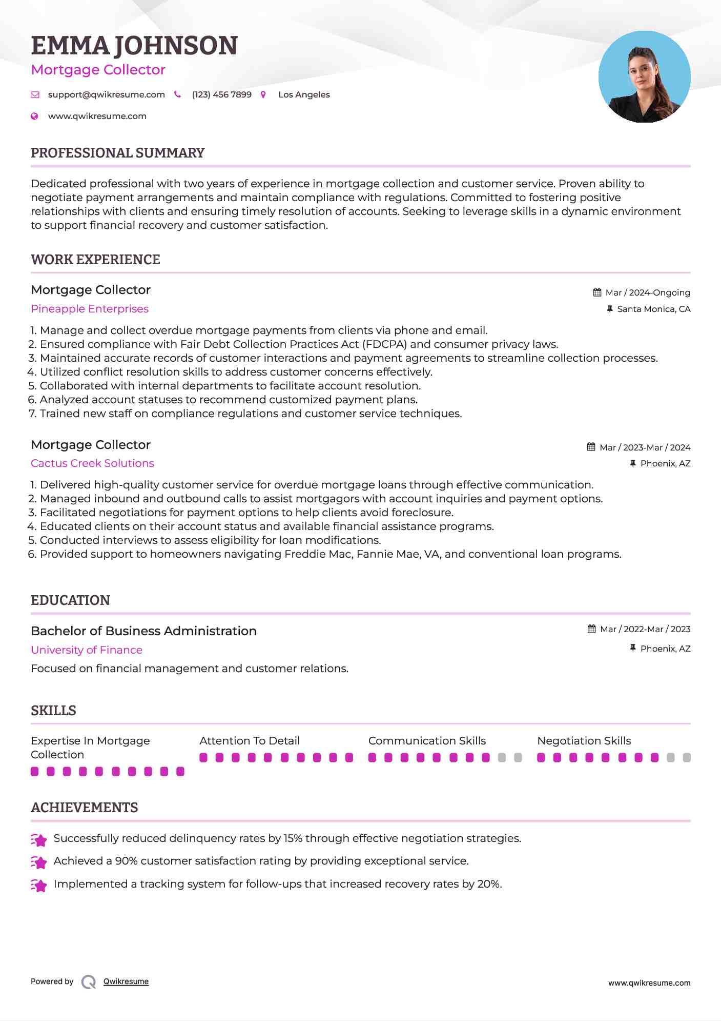 Mortgage Collector Resume Model
